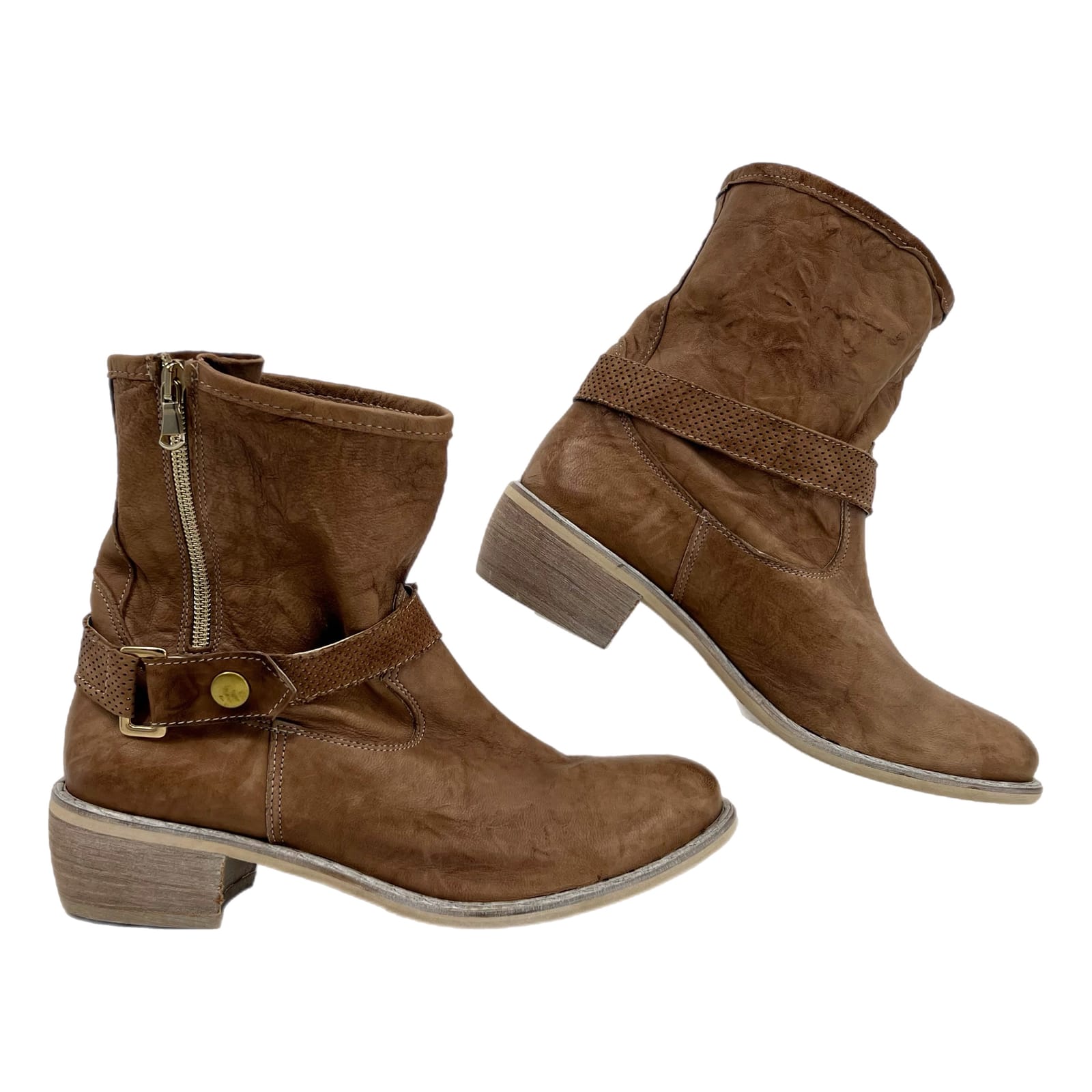 Veronica Brown Leather Zip Ankle Boots