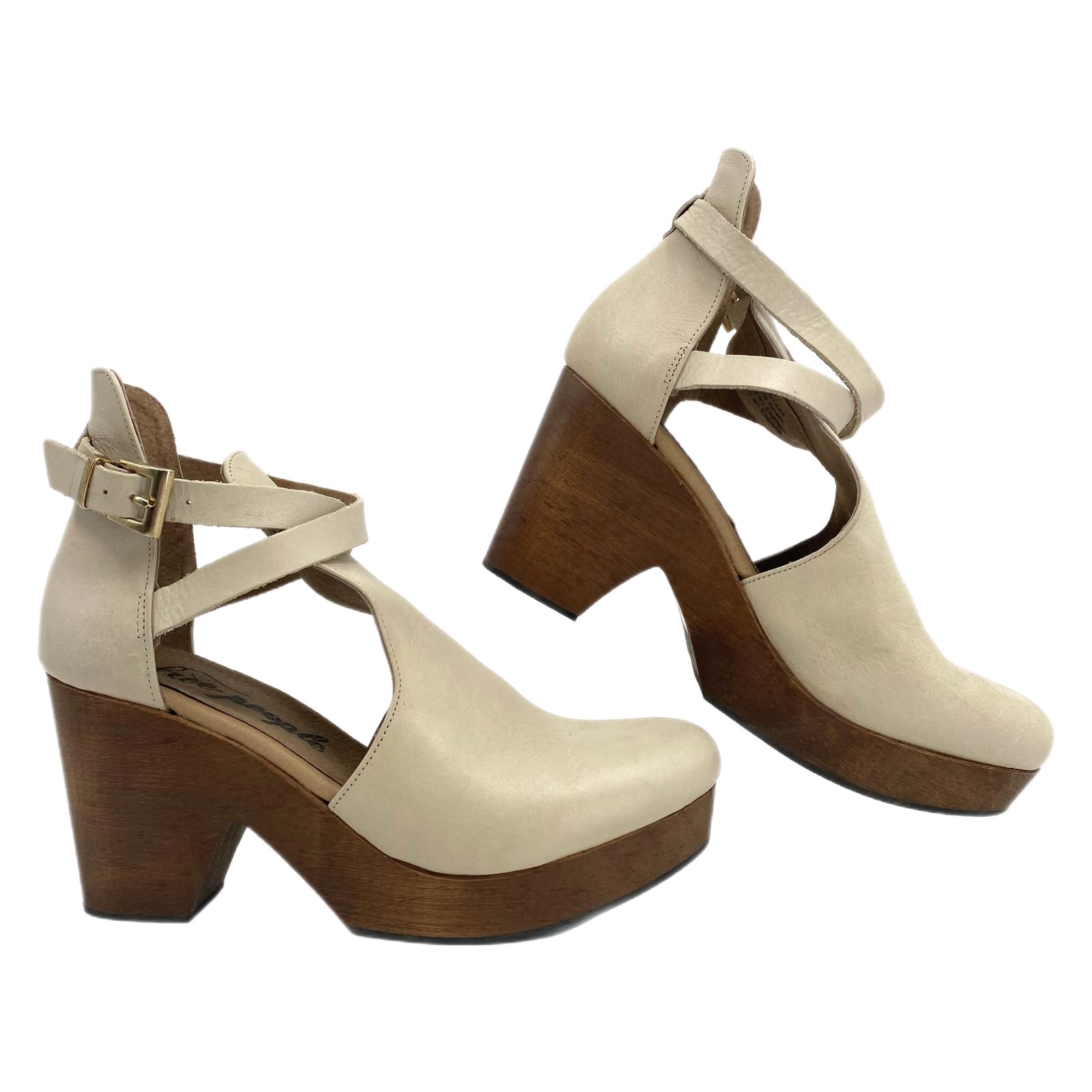 Free People Cream Brown Chunky Heel Clogs