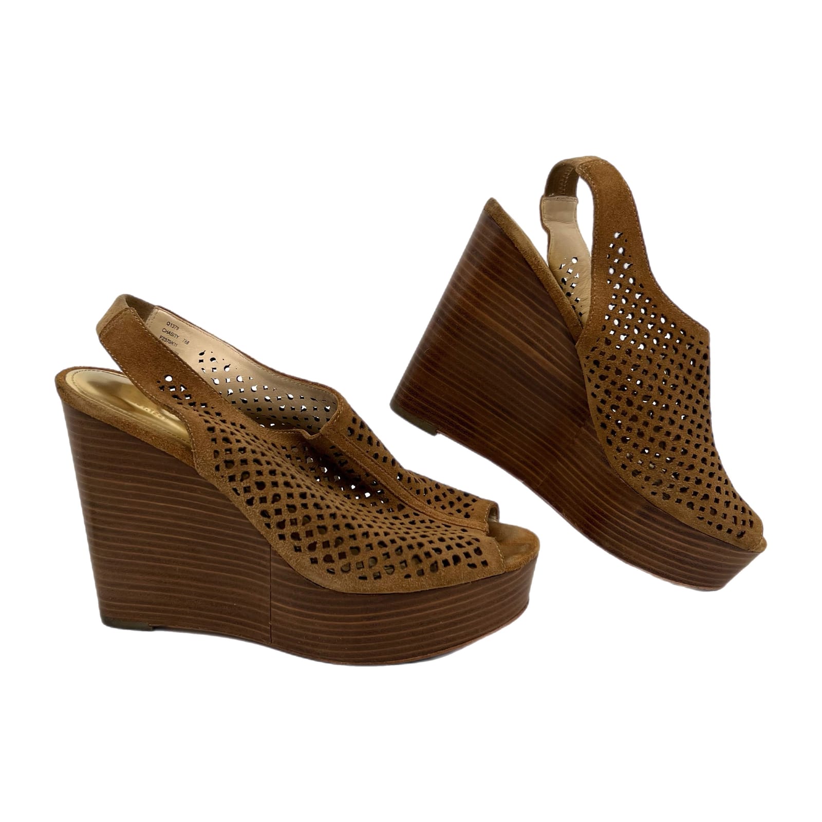 Coach Tan Suede Lasercut Peep Toe Wedges