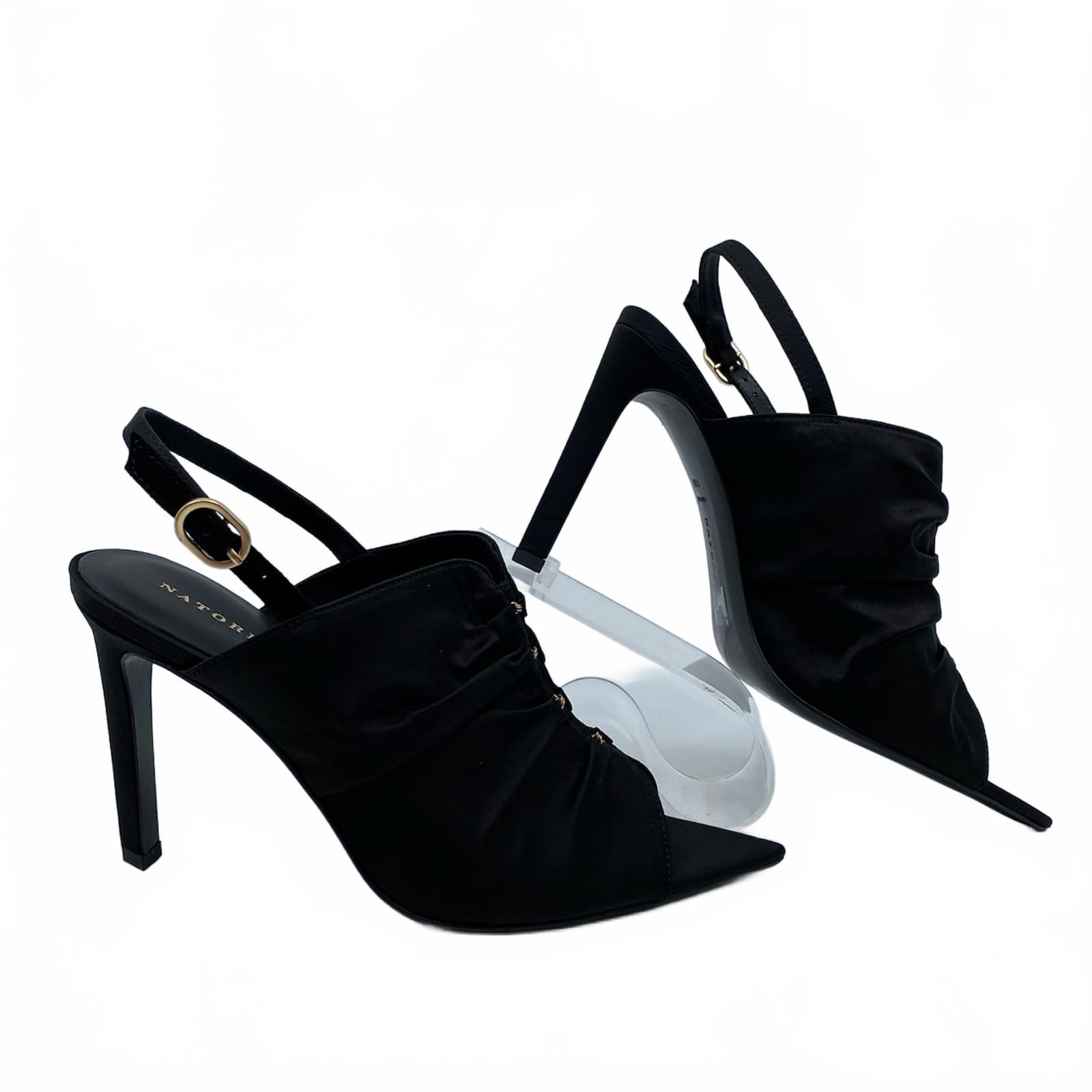 Natori Black Satin Slingback Peep Toe Heels
