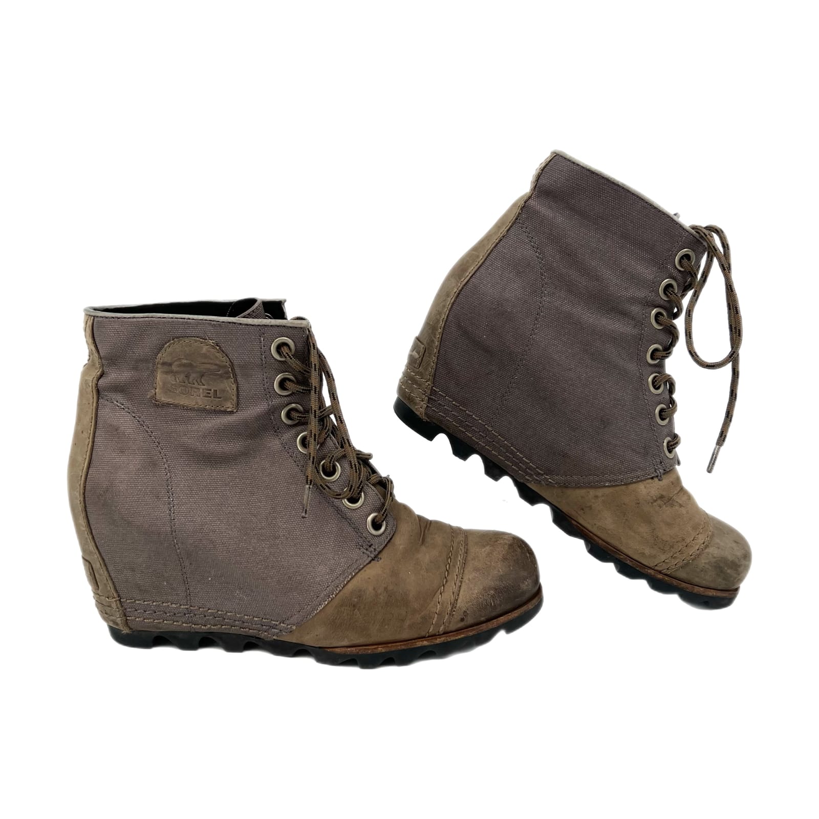 Sorel Gray/Beige Leather Lace Up Bootie Wedges
