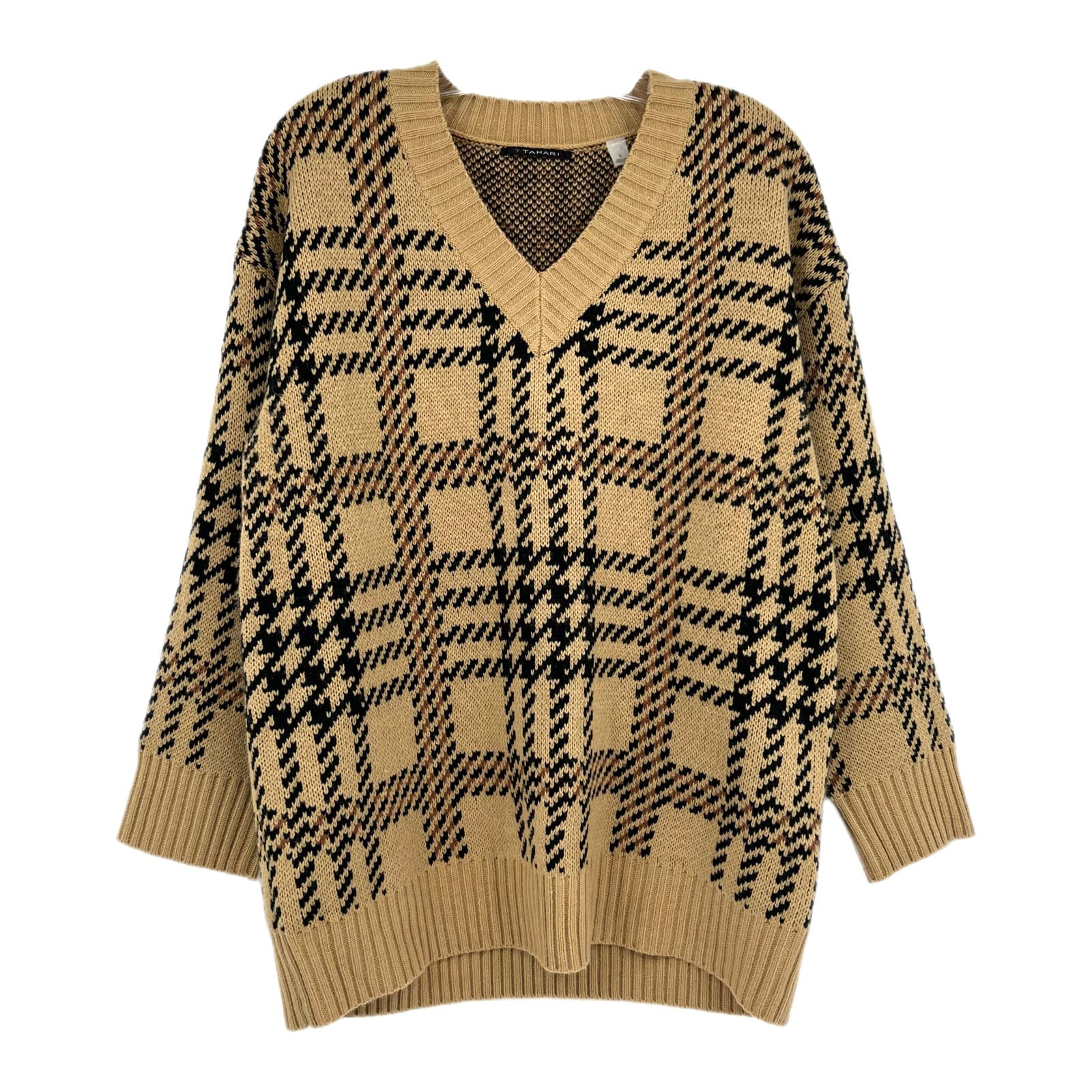 T Tahari Tan/Black Plaid Pullover Sweater