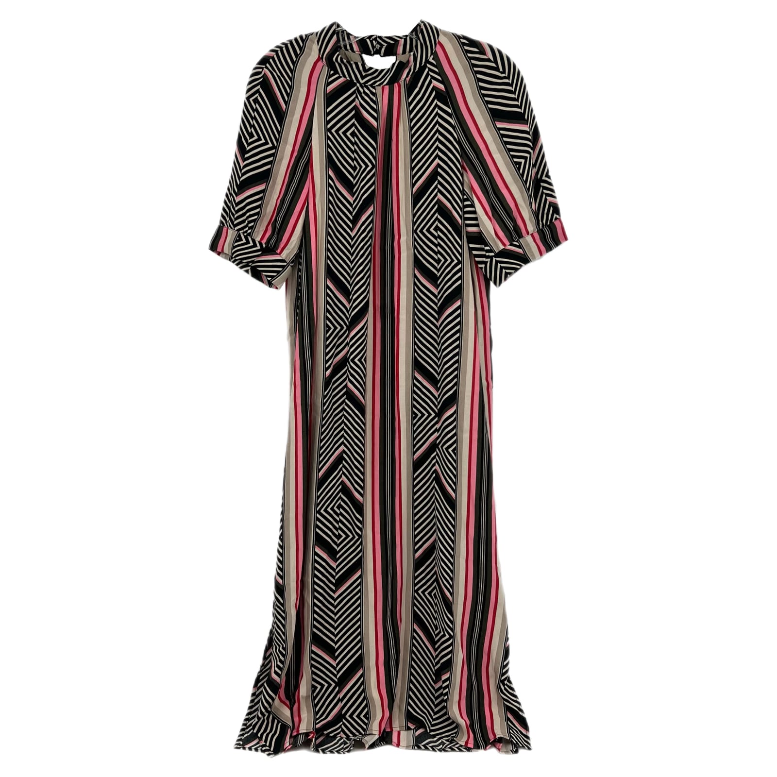 Anthropologie Black Pink Striped Puff Sleeve Midi Dress