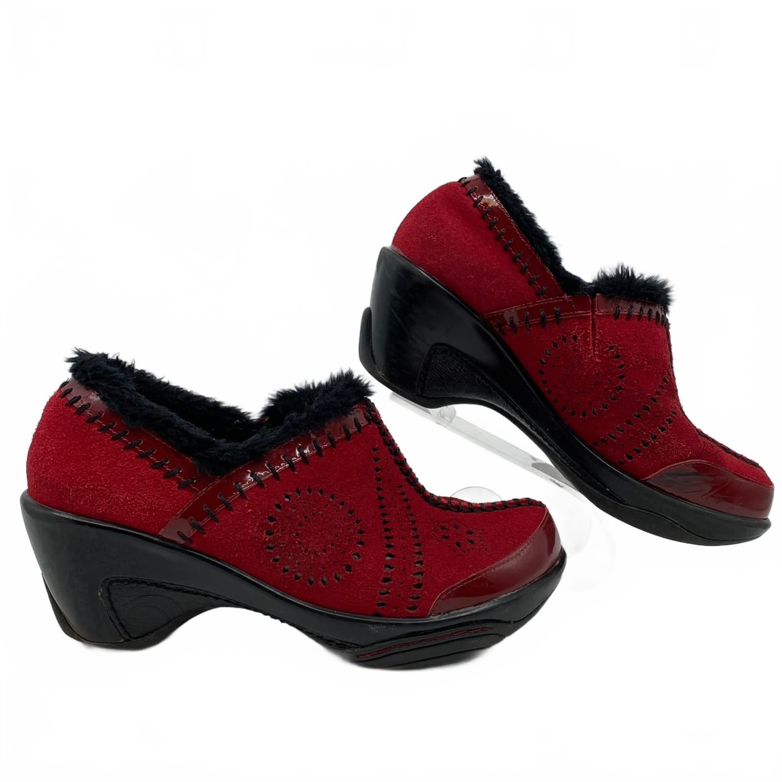 Jambu Red Black Suede Lasercut Faux Fur Trim Clogs