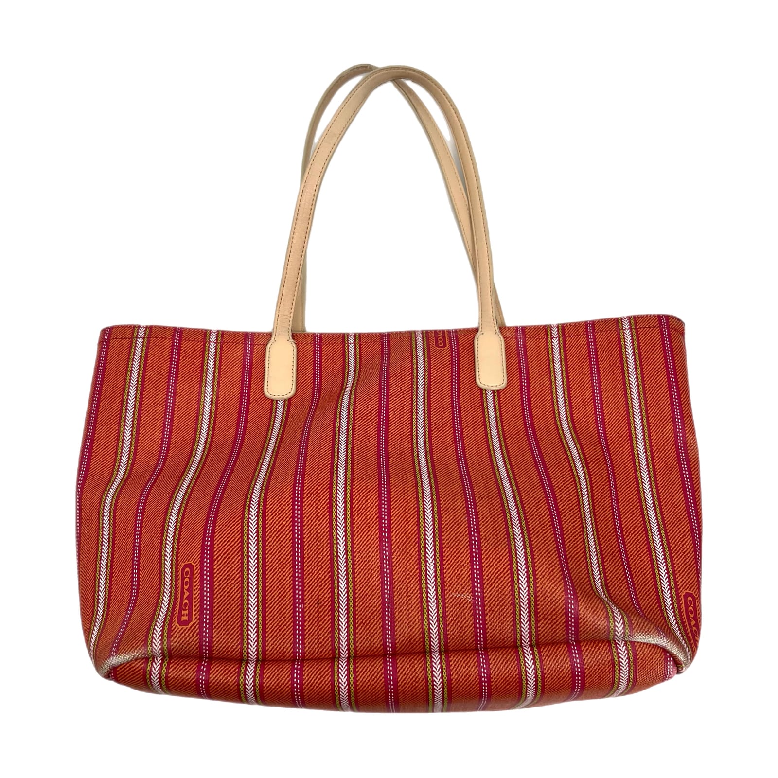 Coach Orange Pink Striped Leather Tote