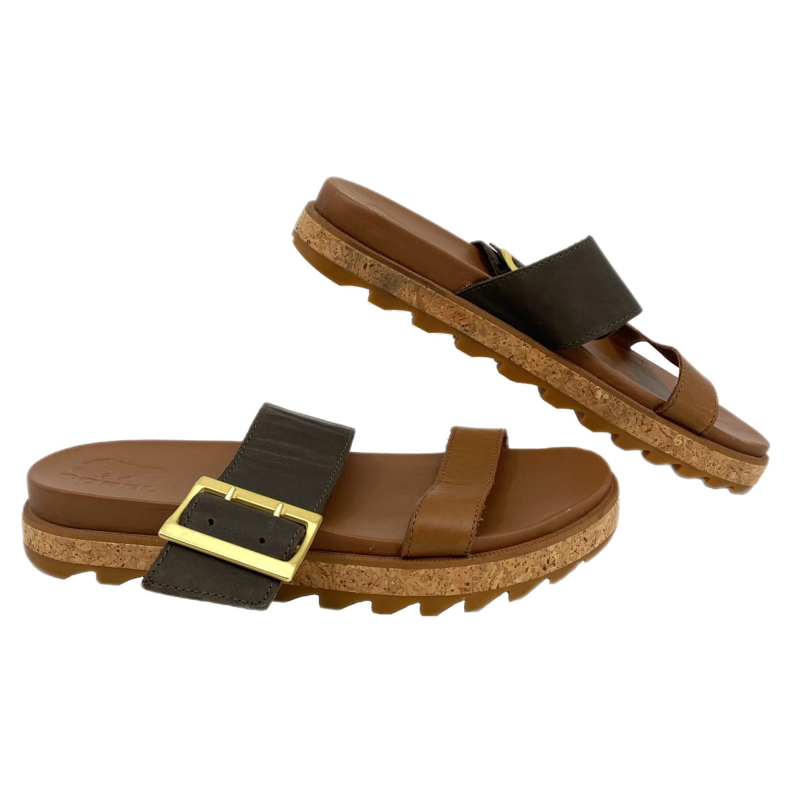 Sorel Brown Gray Buckle Slide Sandals