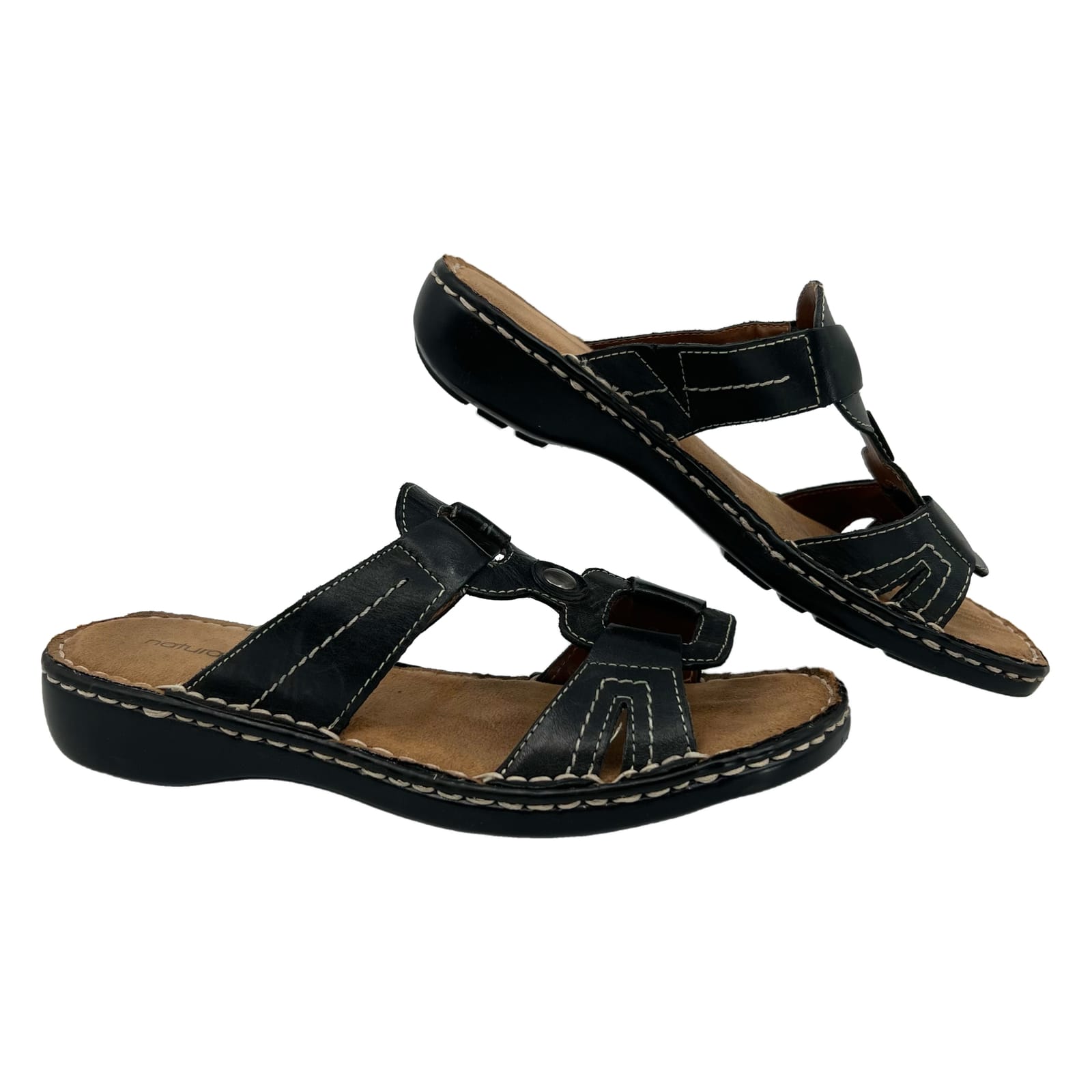 Natural Soul Black Leather Slip-On Sandals
