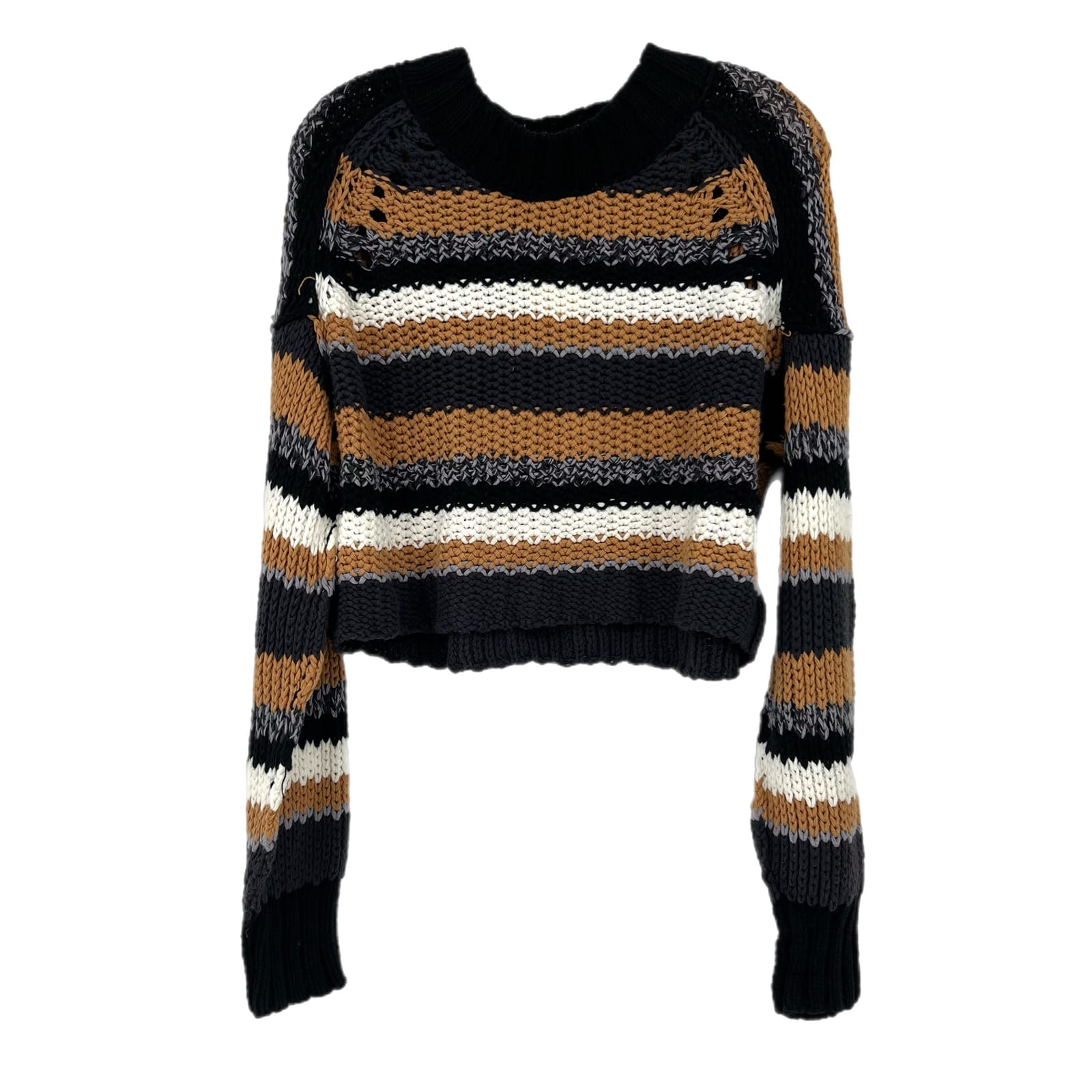 Free People Tan Striped Cotton Pullover Sweater