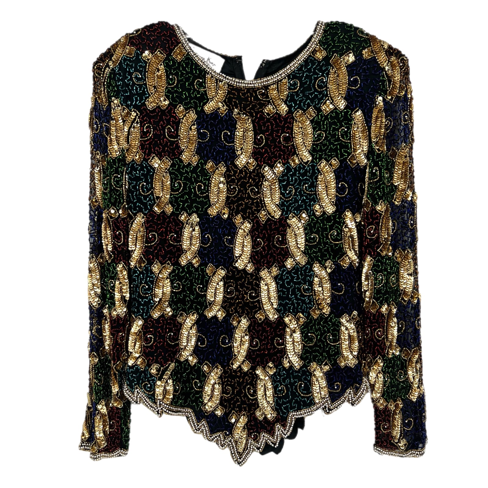 Laurence Kazar Black Beaded Blouse with Shoulder Pads