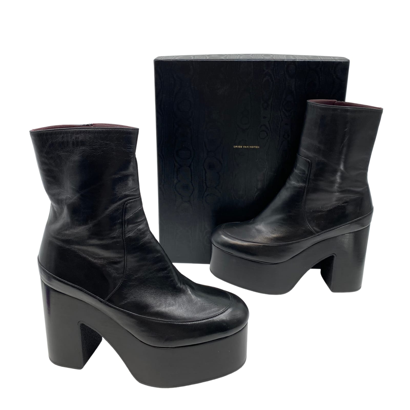 Dries Van Noten Black Leather Heeled Booties