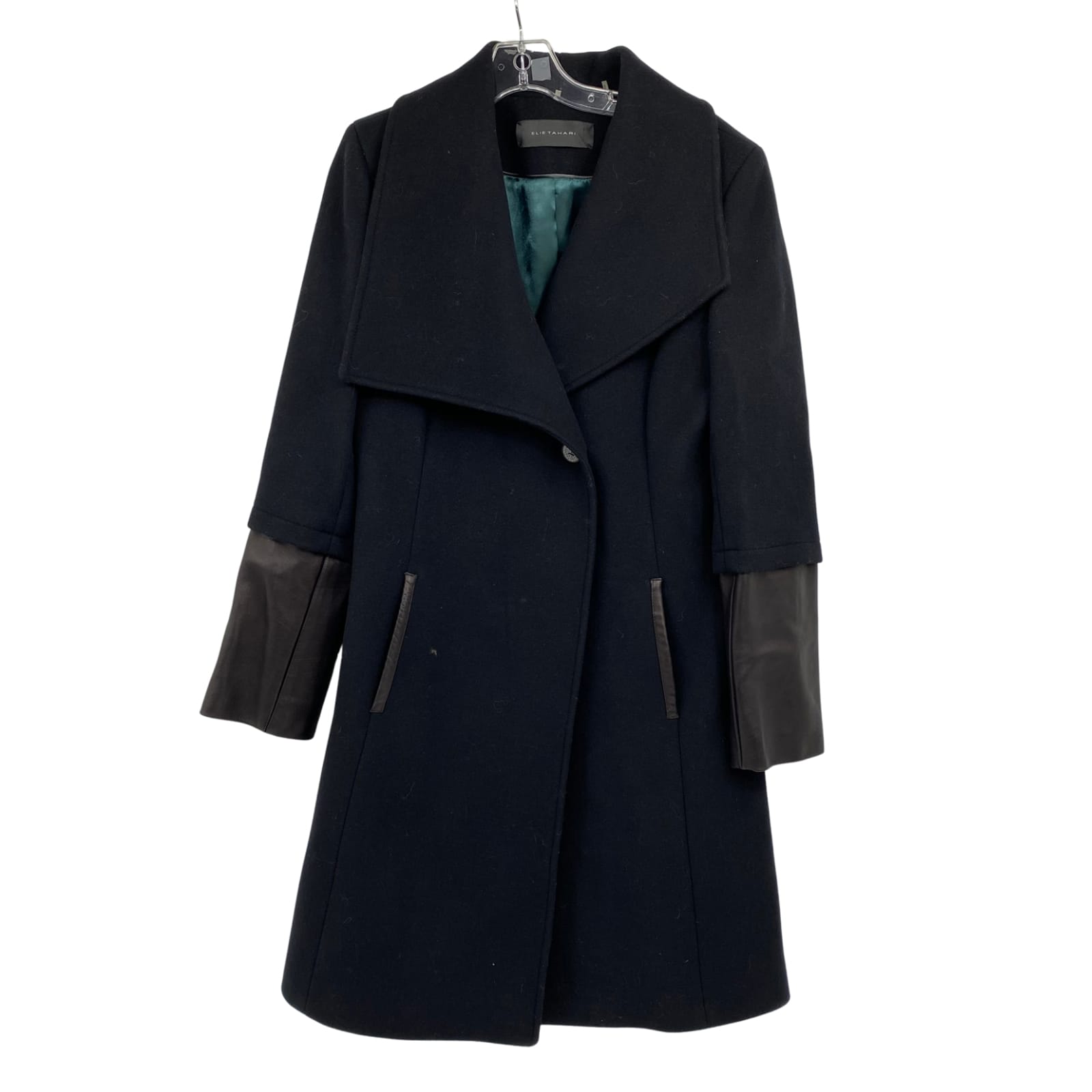 Tahari Black Wool Leather Pea Coat