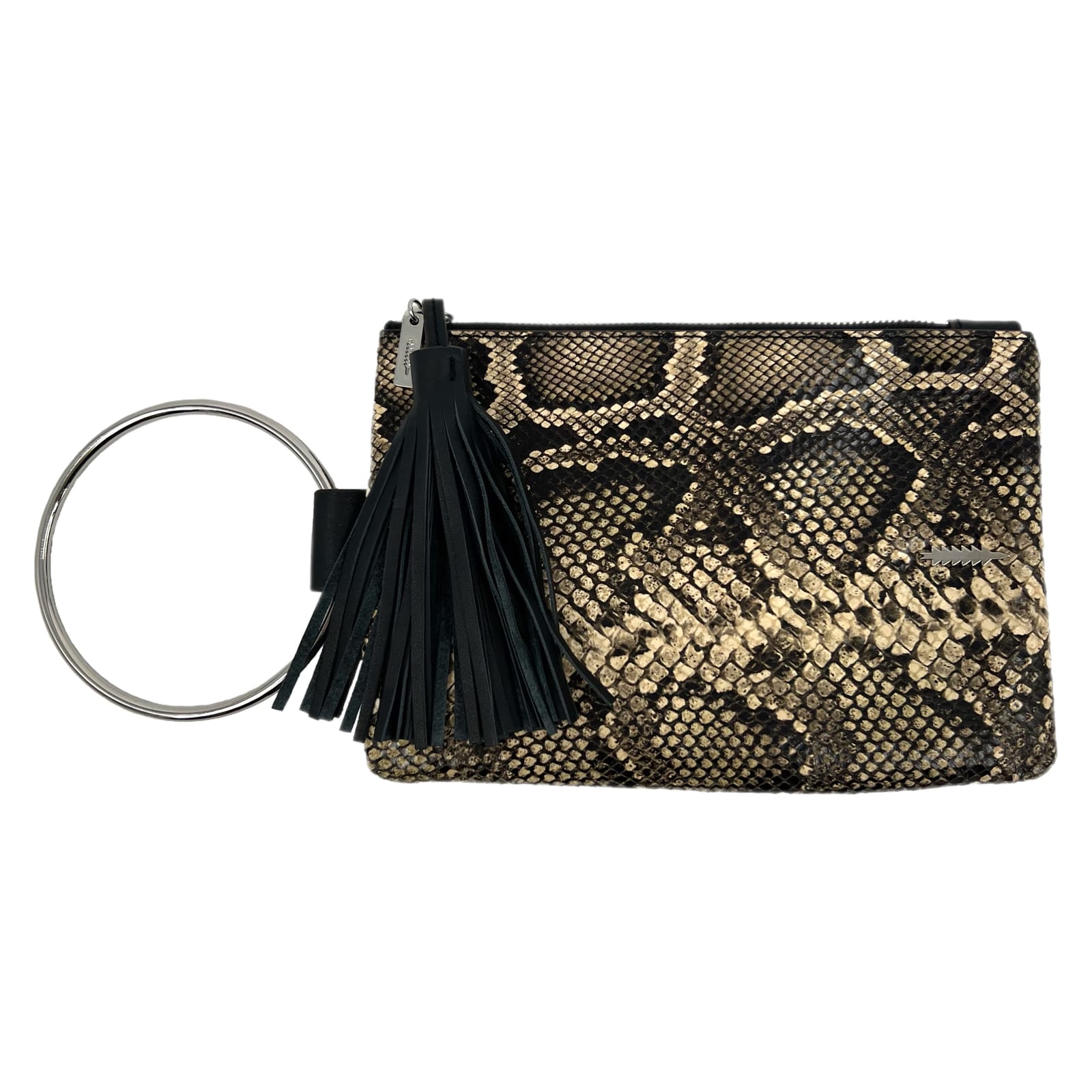 Thacker Black Beige Snakeskin Leather Wristlet