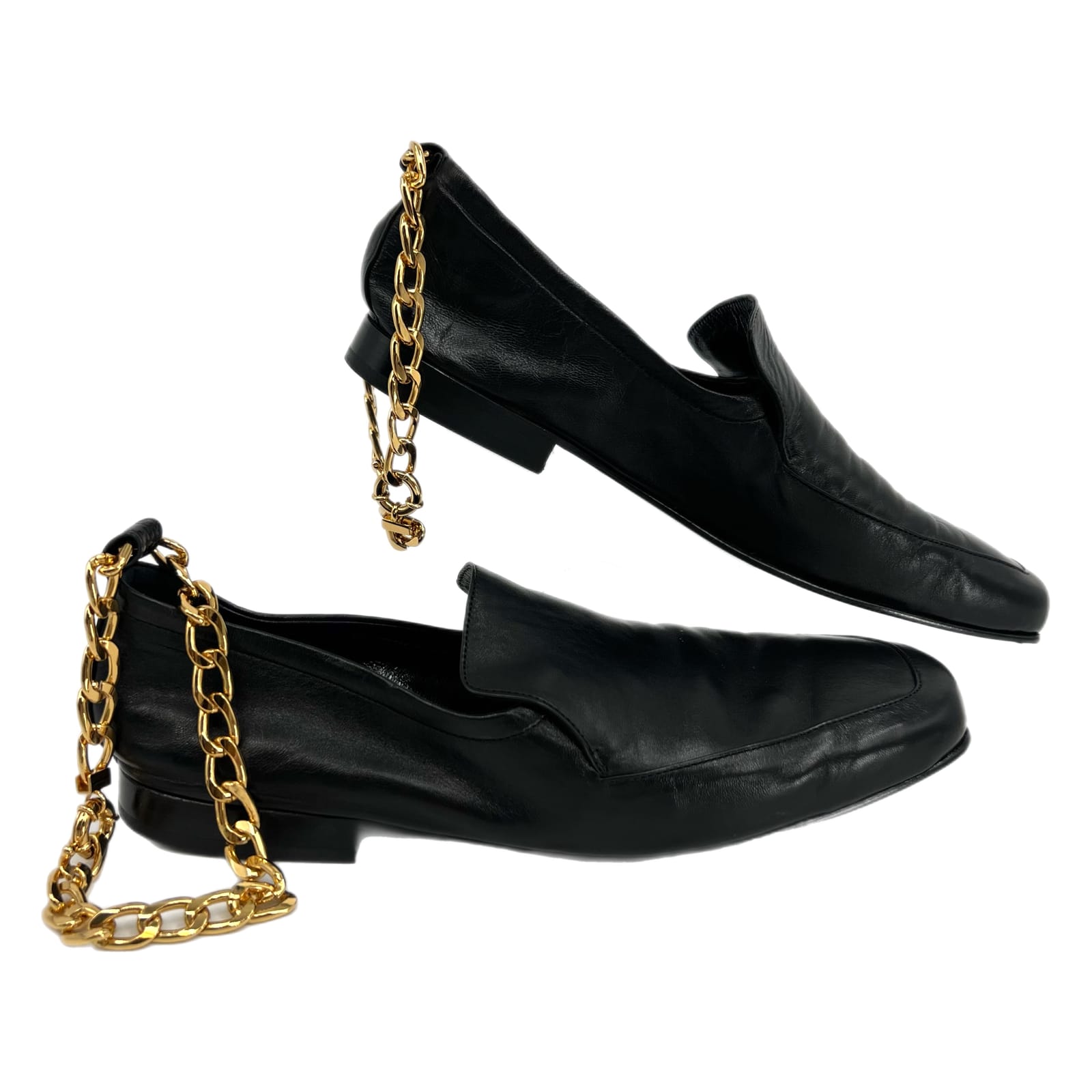 BY FAR Black Gold Ankle Chain Loafers