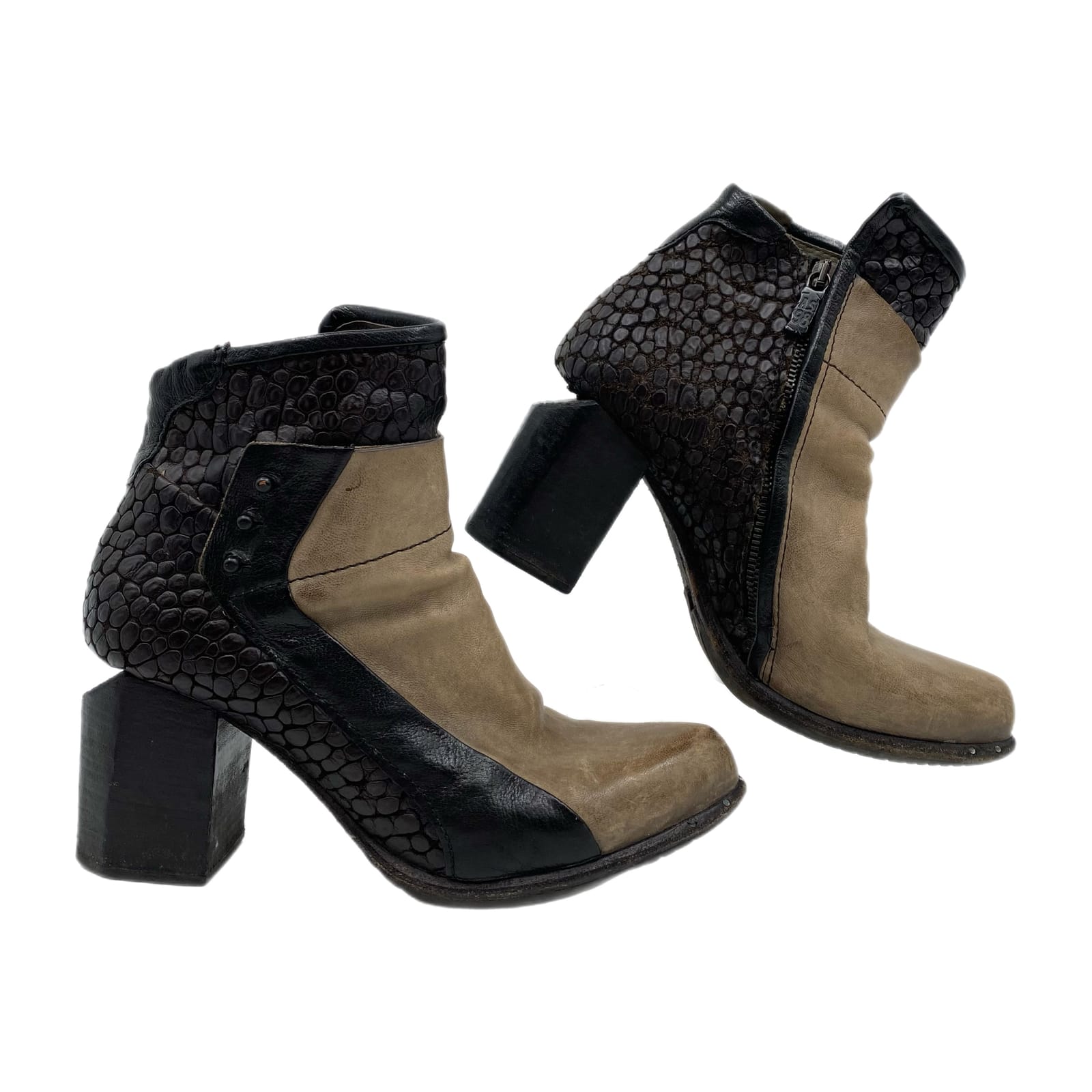 A.S. 98 Black Brown Leather Pointed Toe Heeled Booties