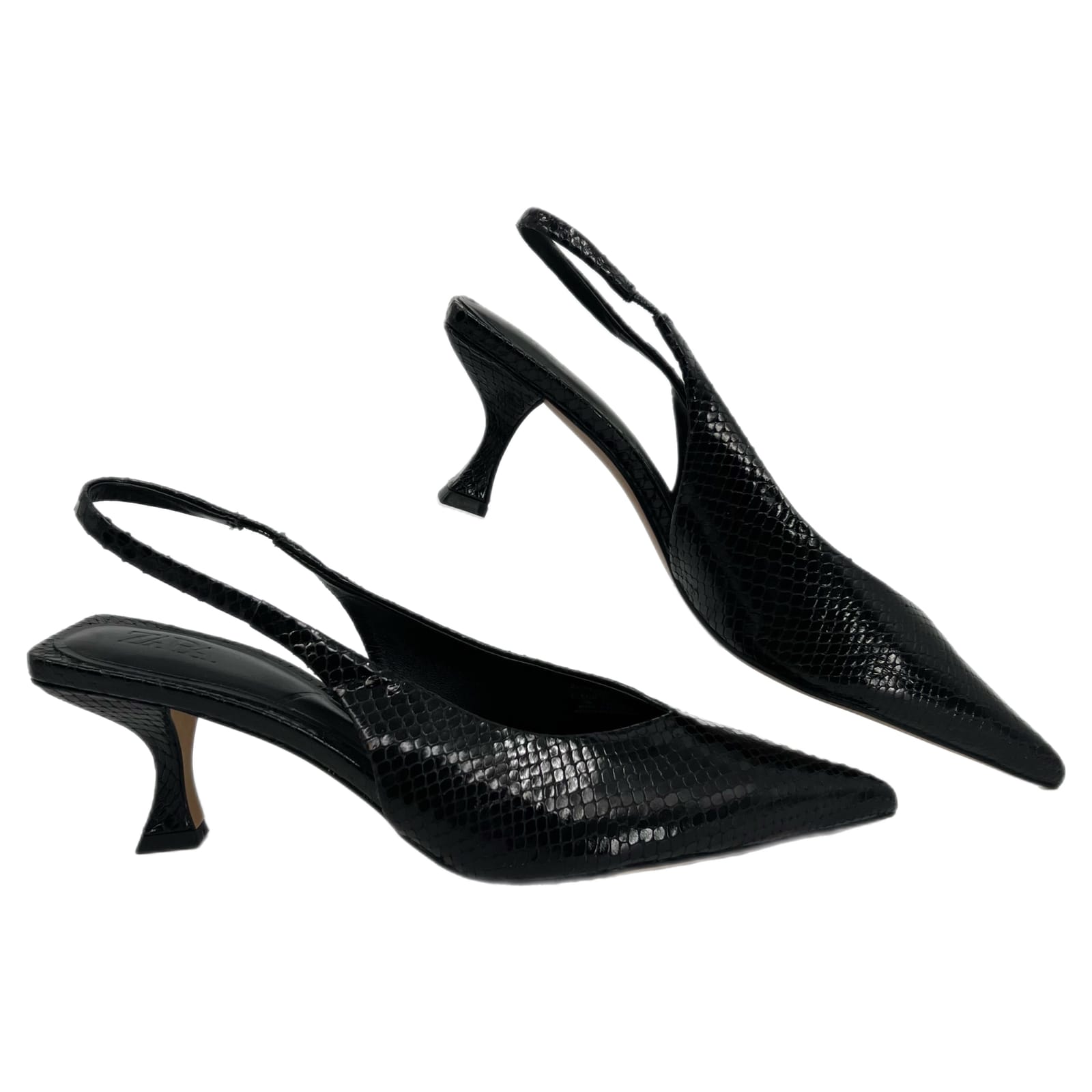 Zara Black Snakeskin Slingback Kitten Heels