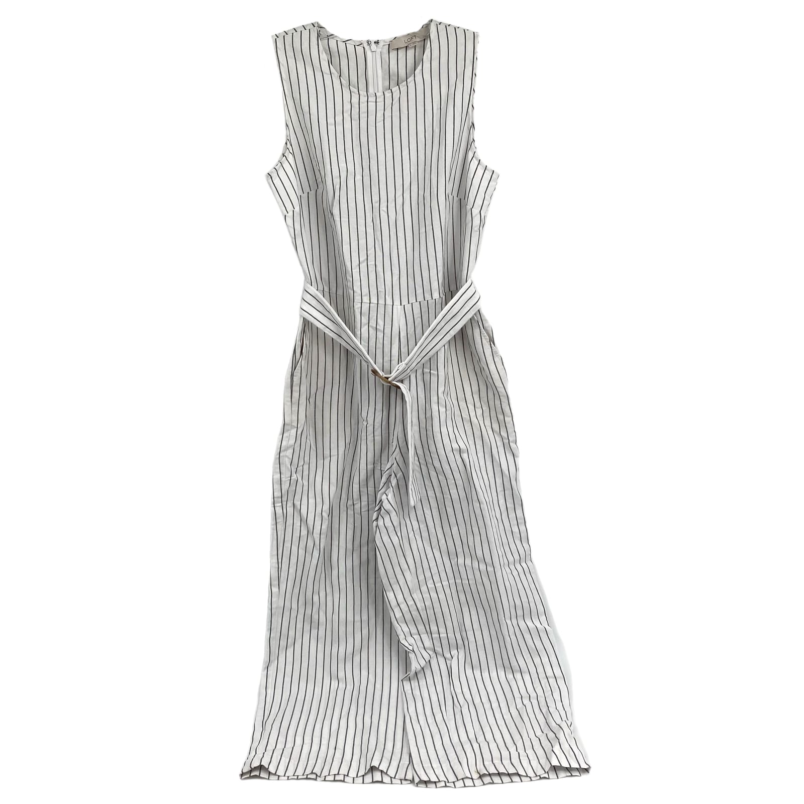 LOFT White Gray Striped Sleeveless Belted Jumpsuit