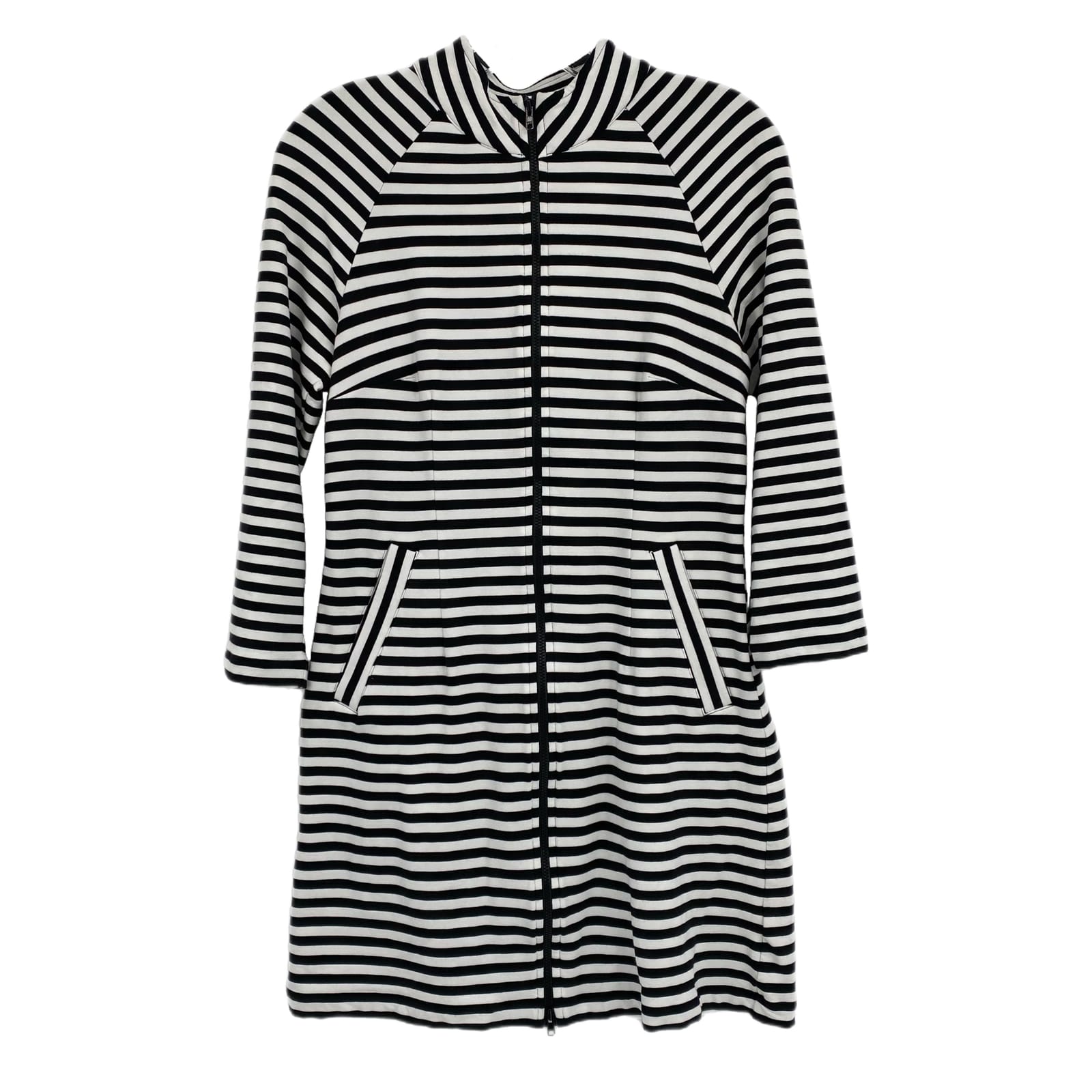CAbi Black White Striped Long Zip-Up Jacket