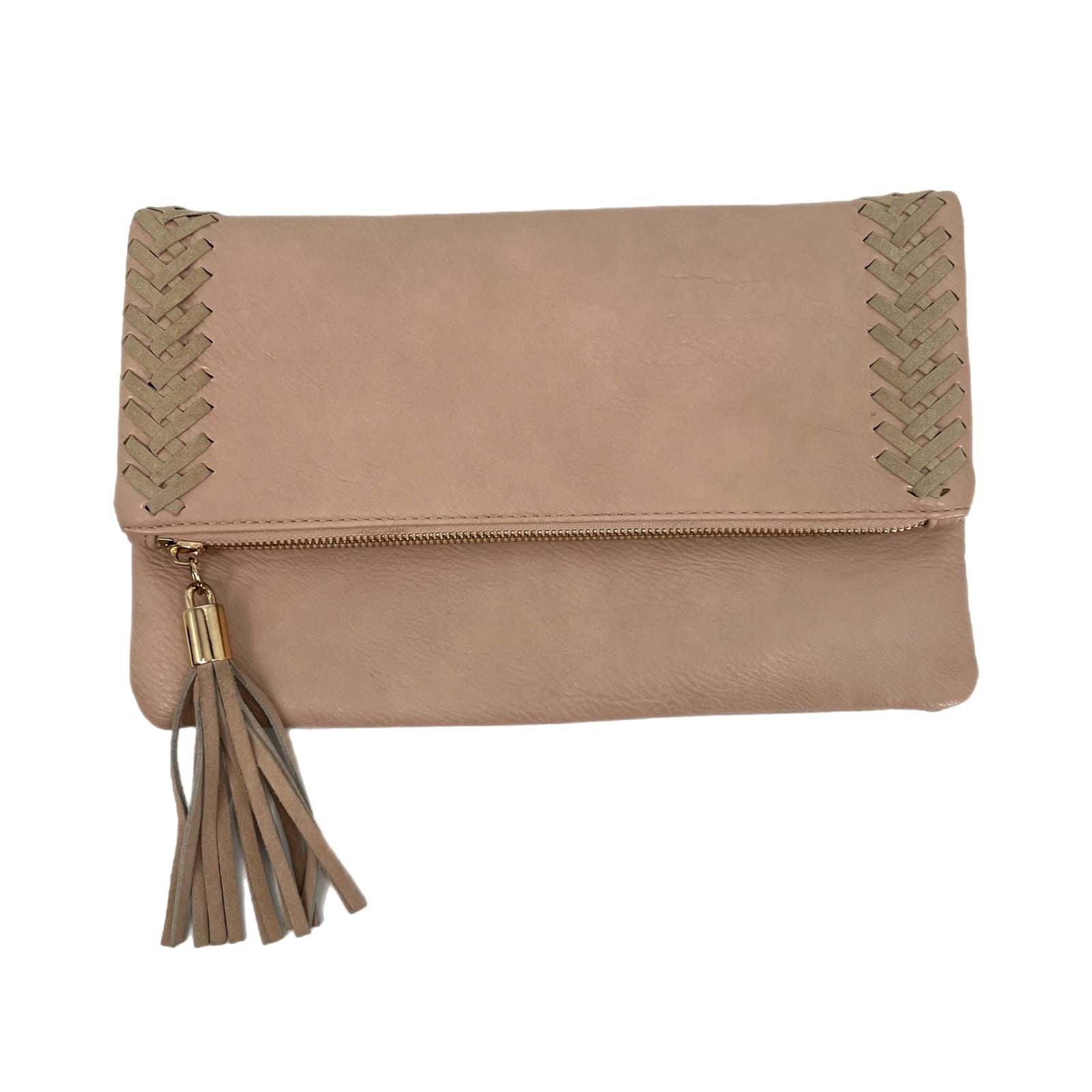 Elegant Pink Tasseled Leather Zipper Clutch