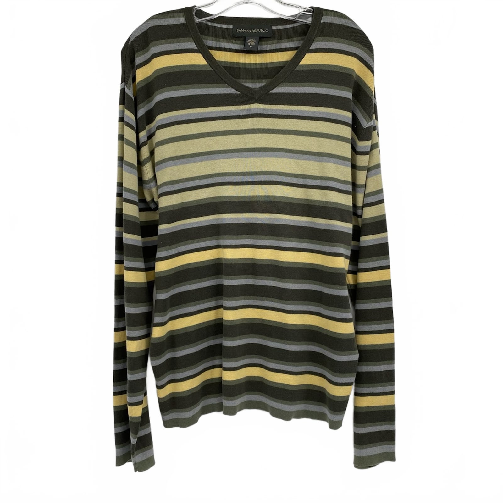 Banana Republic Green Yellow Striped V-Neck Sweater