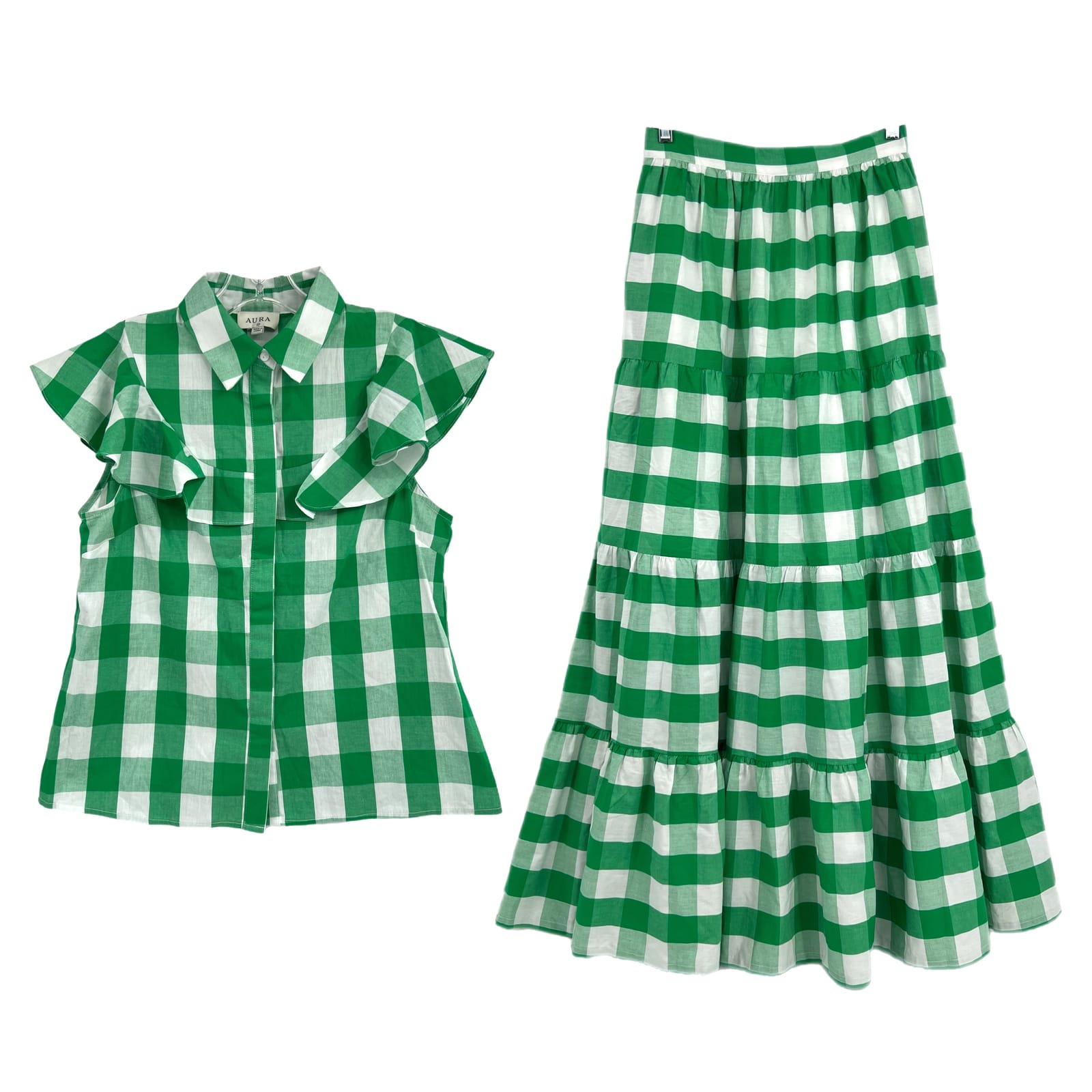 Aura Green Plaid Blouse and Maxi Skirt Set
