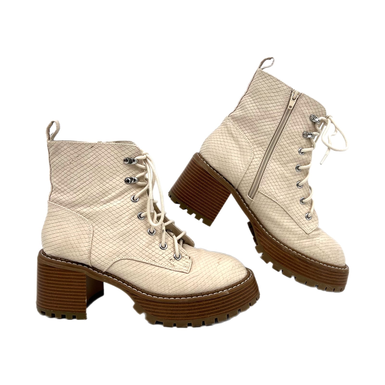 MIA Cream Scaled Platform Lug Sole Lace Up Boots