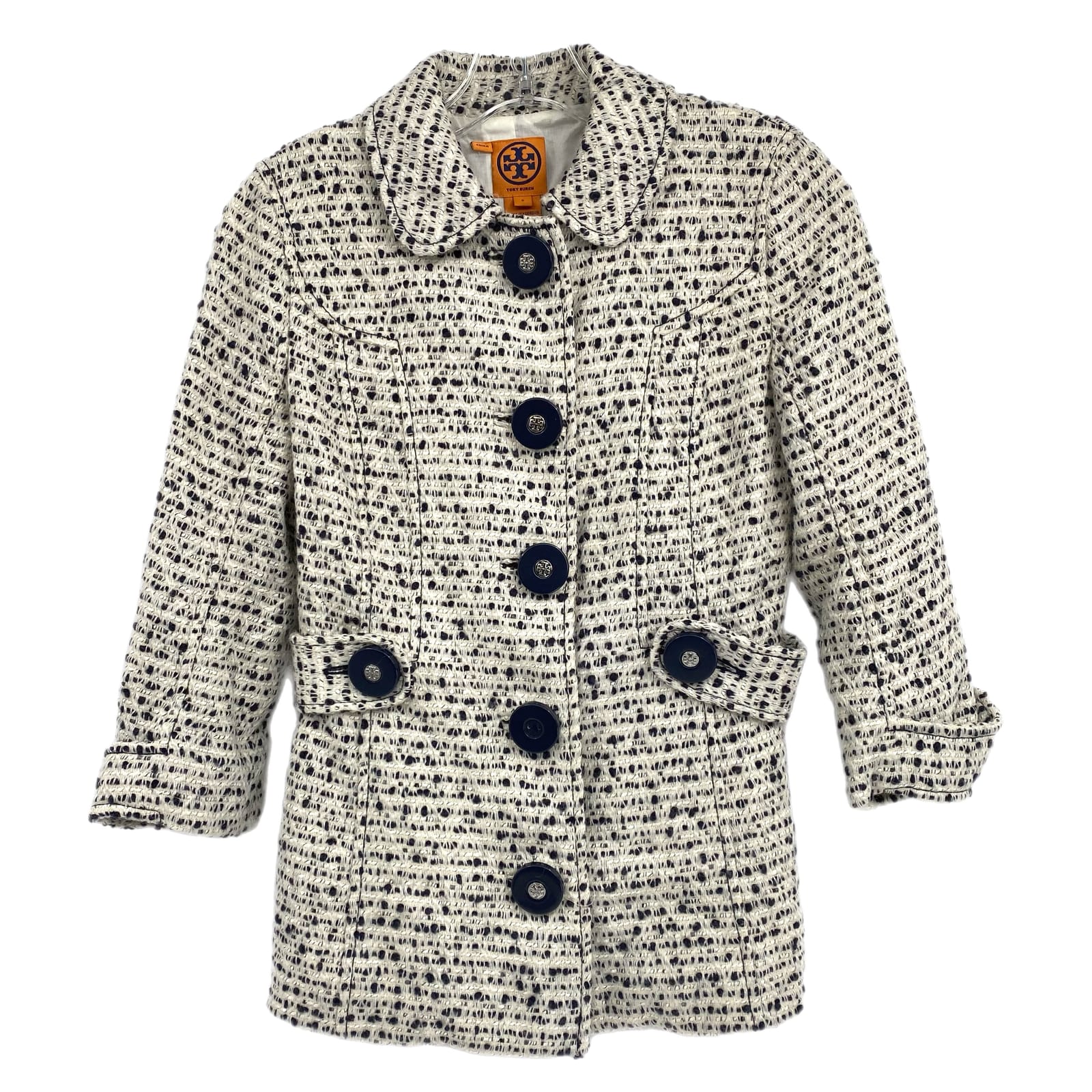 Tory Burch White & Blue Tweed Pea Coat