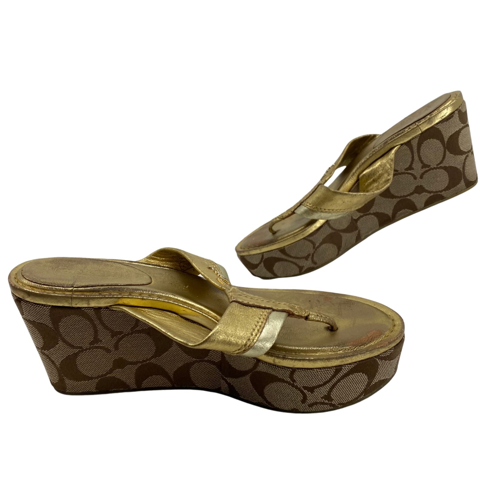 Coach Gold Leather Wedge Sandals