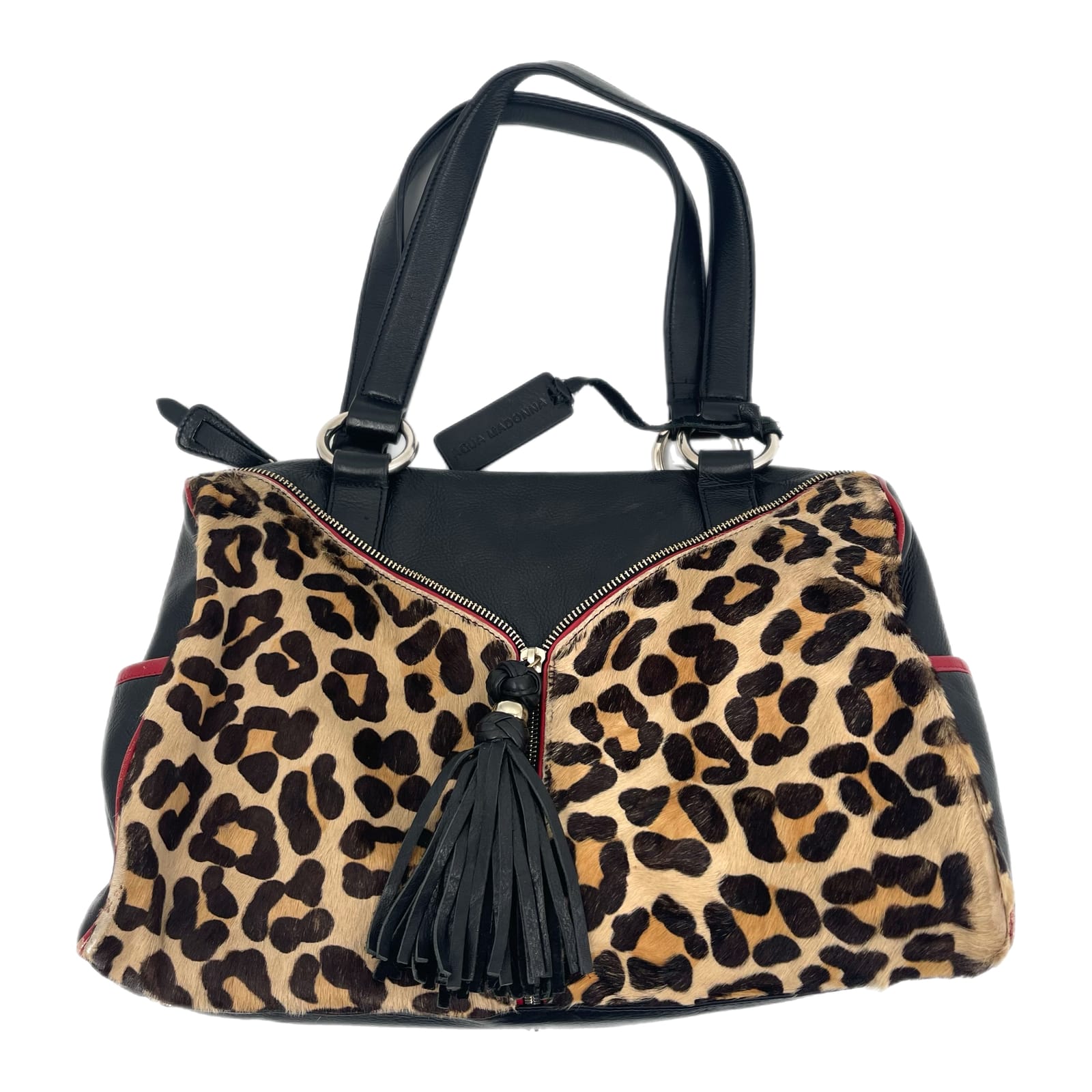 Aqua Madonna Black Animal Print Tassel Hobo Bag
