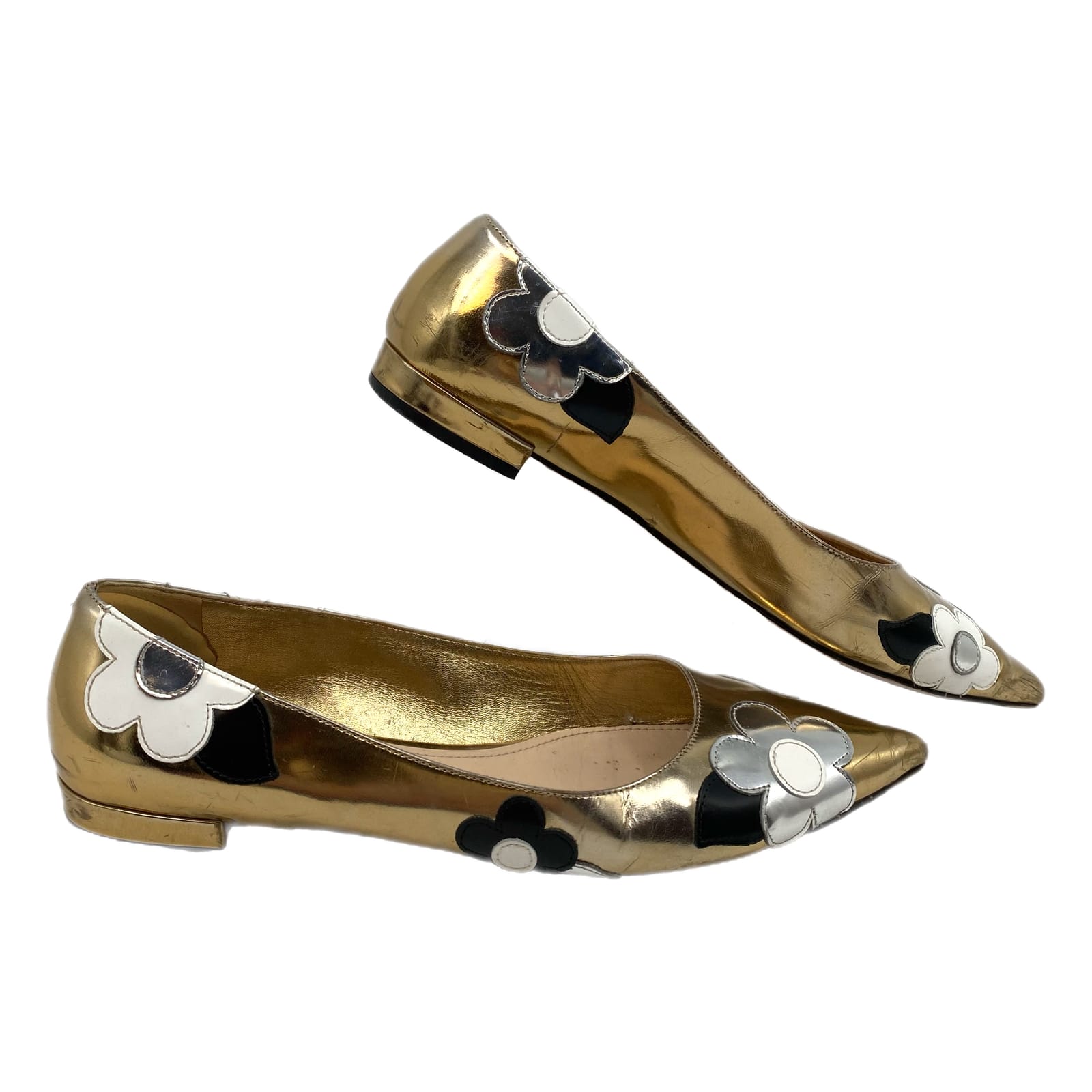 Prada Gold Silver Flower Patch Flats