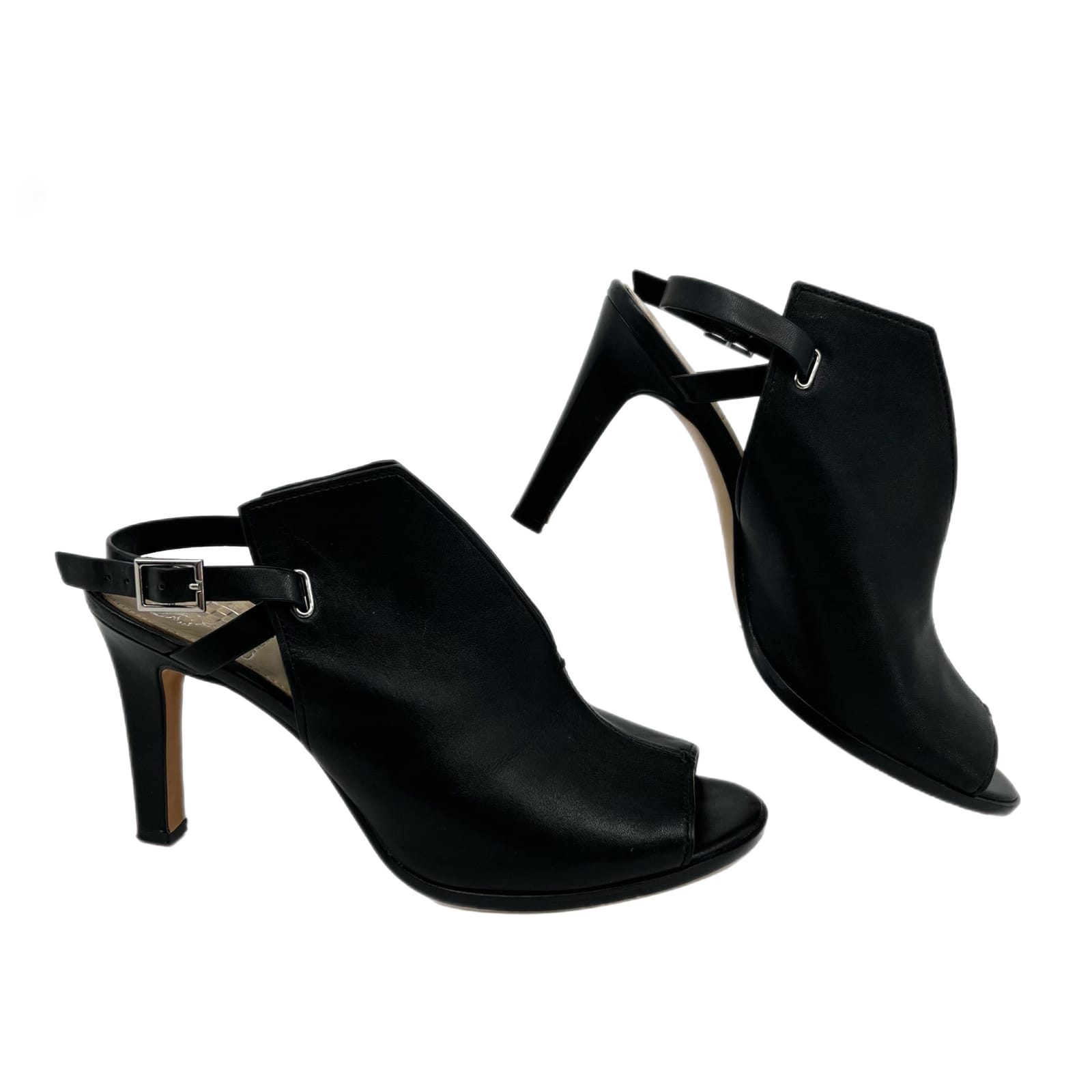 Vince Camuto Black Leather Buckle Peep Toe Heels