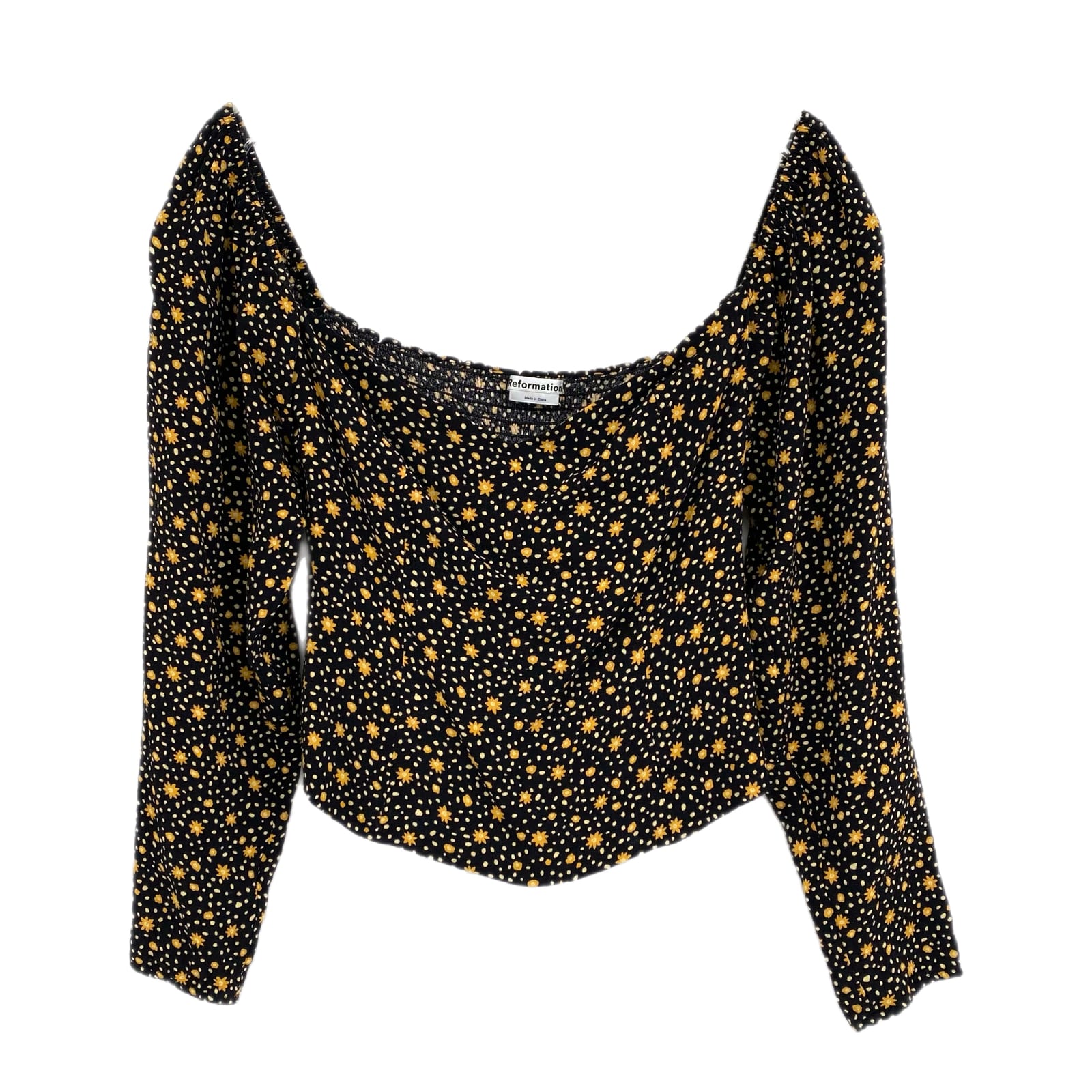 Reformation Black Yellow Floral Puff Sleeve Blouse