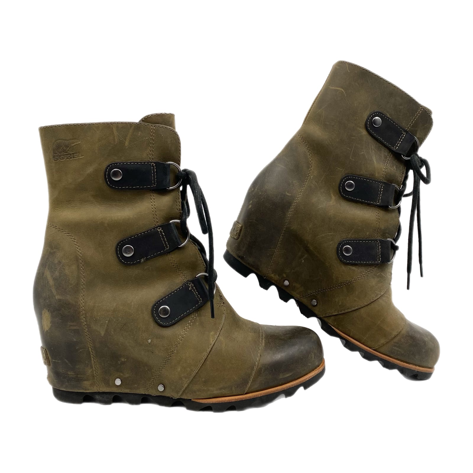Sorel Green Leather Lace-Up Wedge Ankle Boots