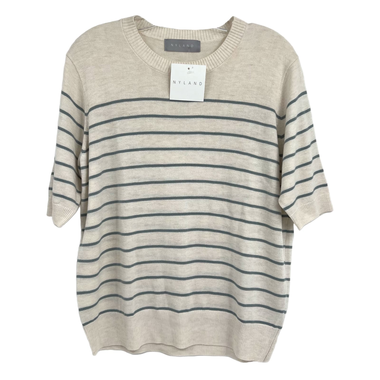 Nyland Cream & Blue Knit Striped Short Sleeve Sweater