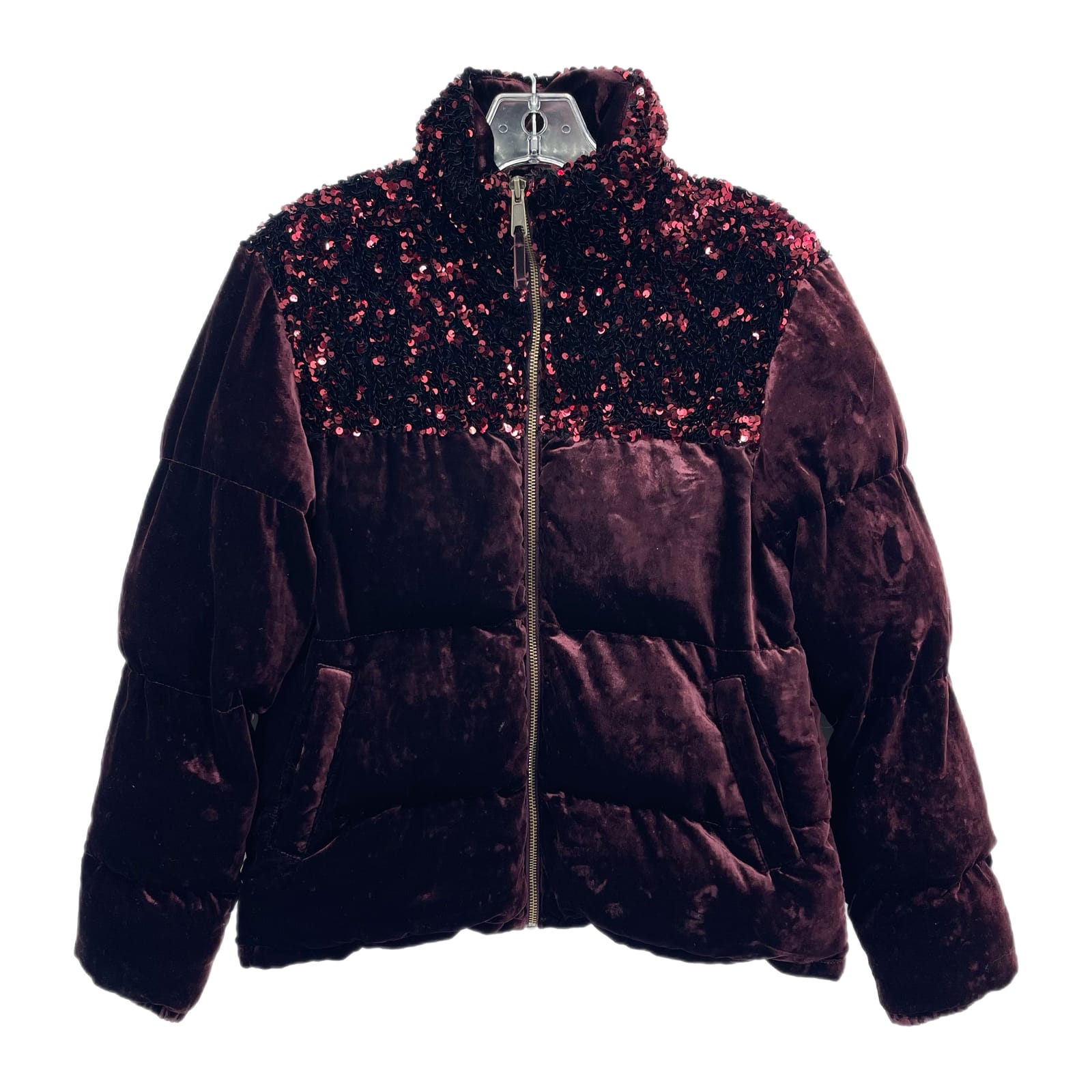 Maeve Maroon Velvet Sequin Puffer Jacket