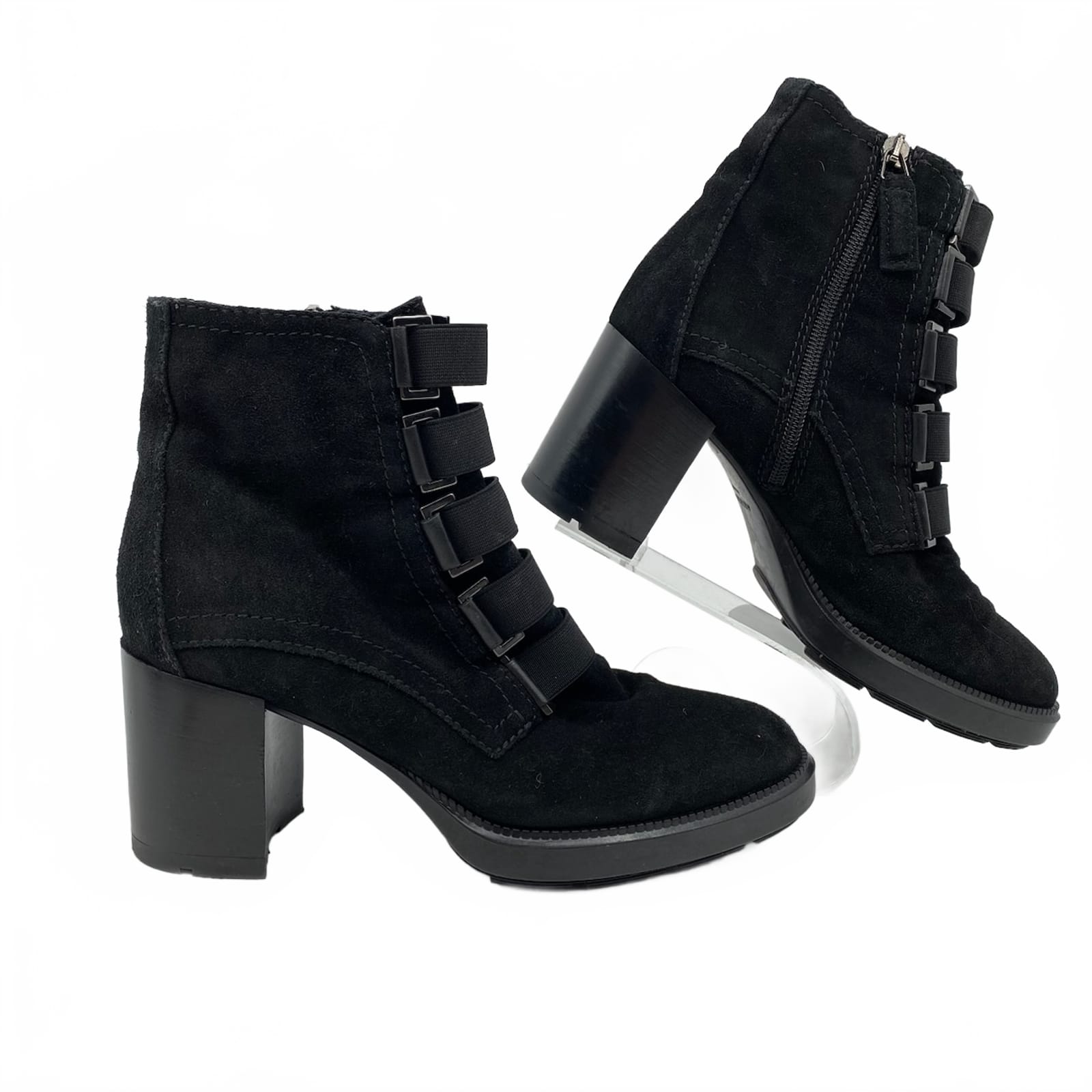 Aquatalia Black Suede Block Heel Combat Boots