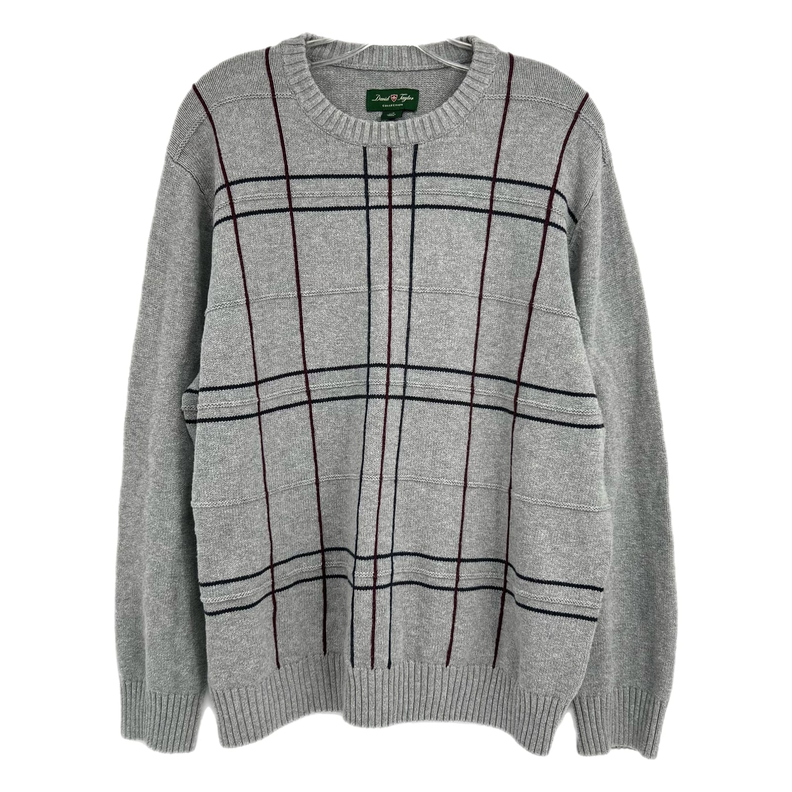 David Taylor Gray Knit Grid Crewneck Sweater