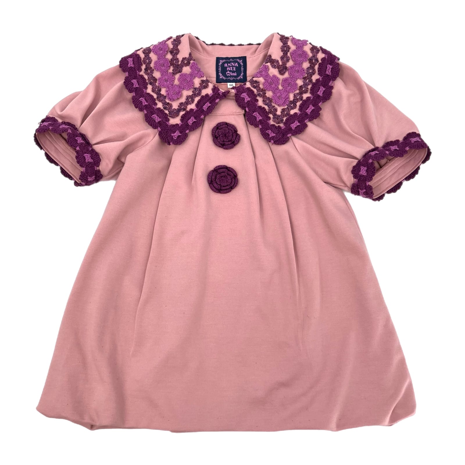 Anna Sui Purple Pink Embroidered Puff Sleeve Dress