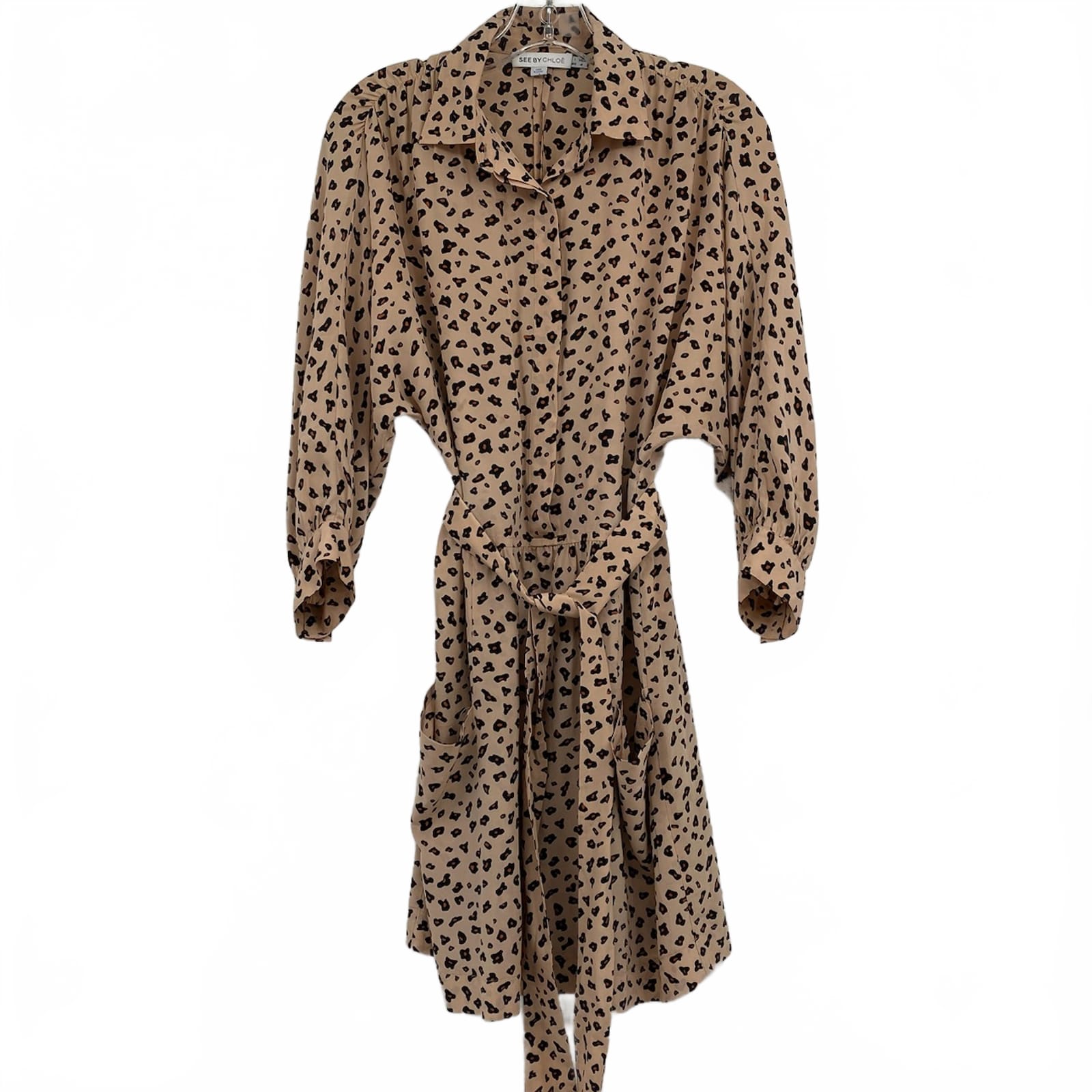 See By Chloe Tan Black Cheetah Print Silk Mini Shirt Dress