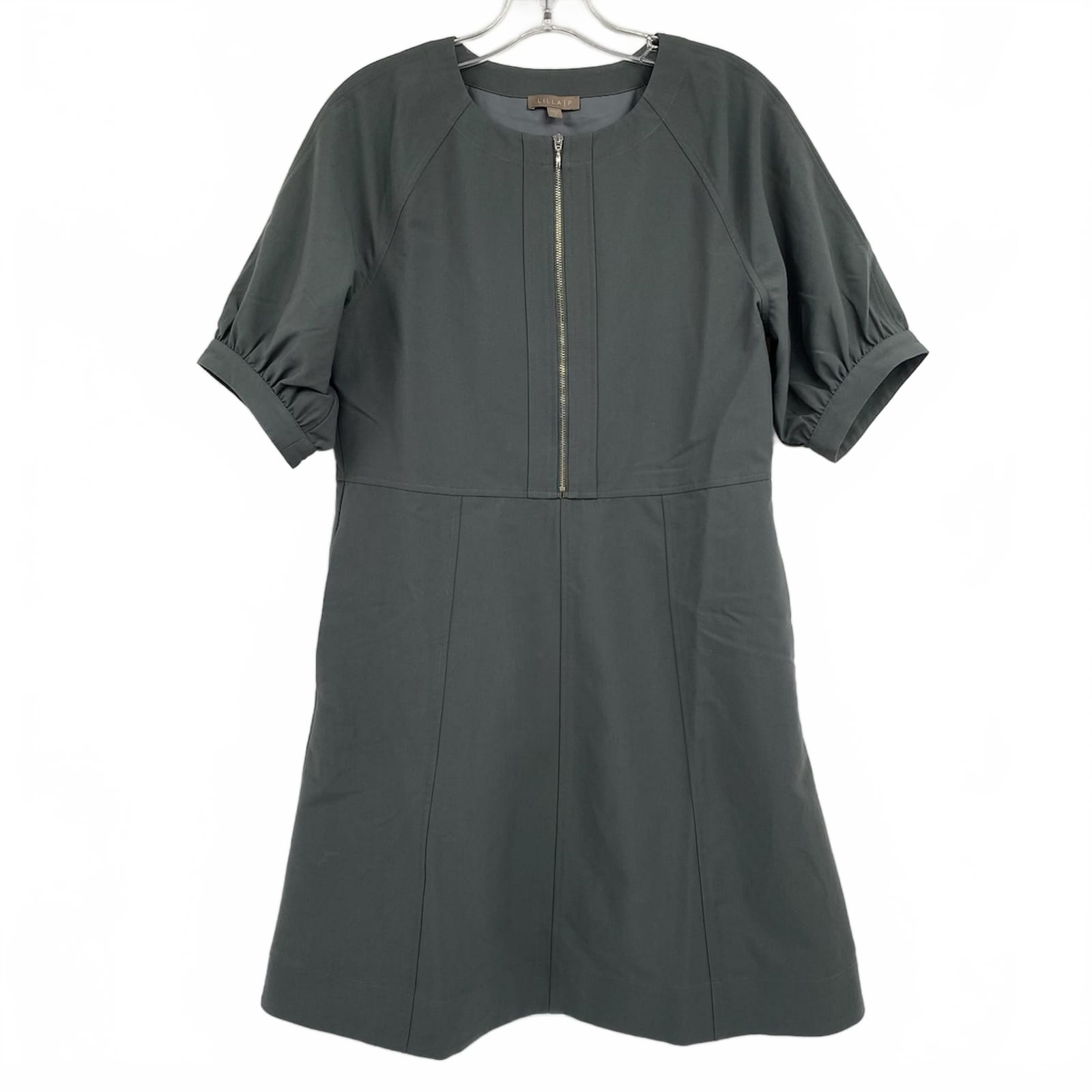 Lilla P Gray Puff Sleeve Zipper Front Mini Dress