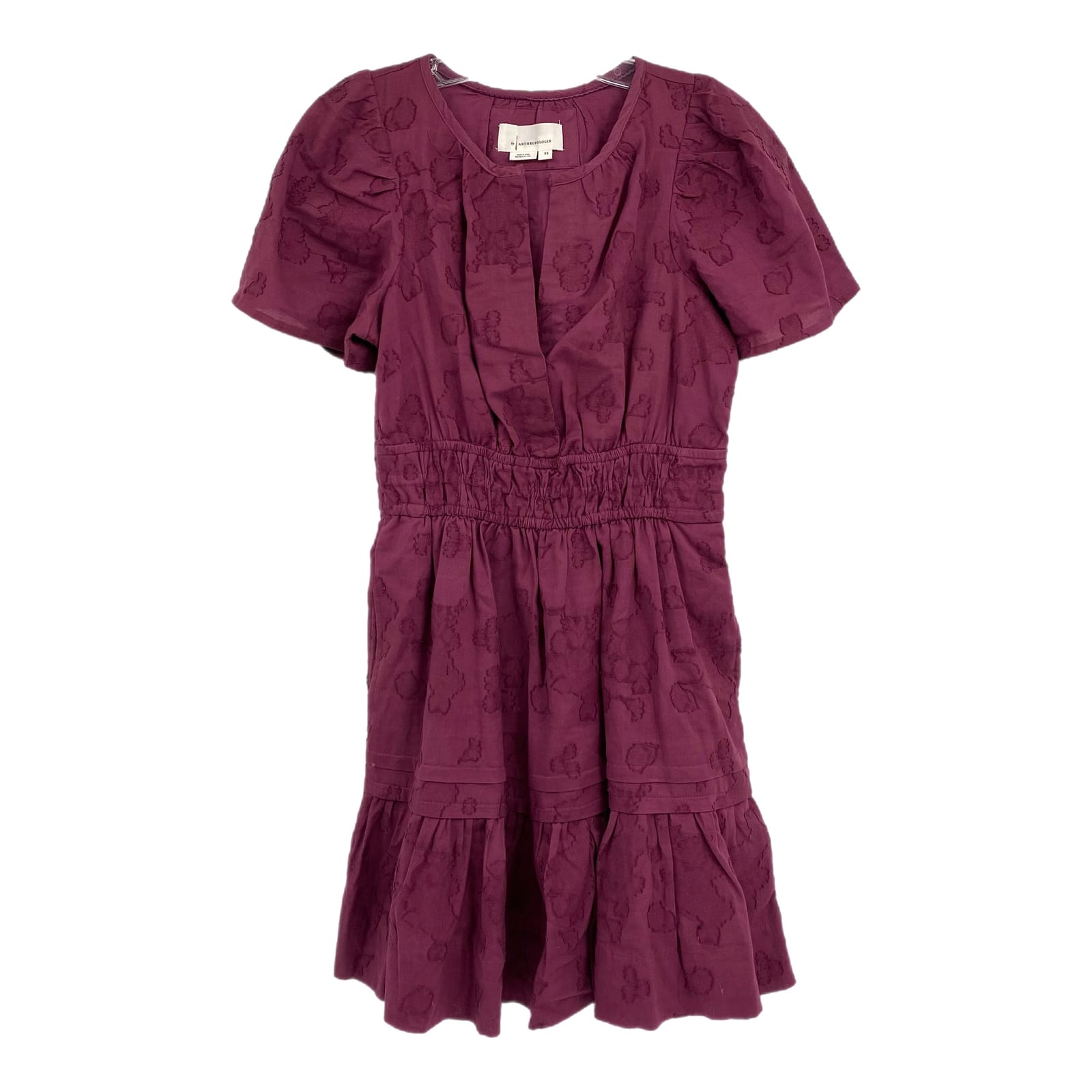 Anthropologie Maroon Embroidered V Neck Mini Dress