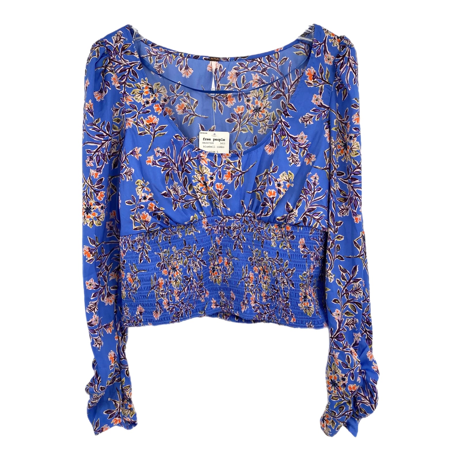 Free People Blue Orange Cropped Floral Satin Blouse