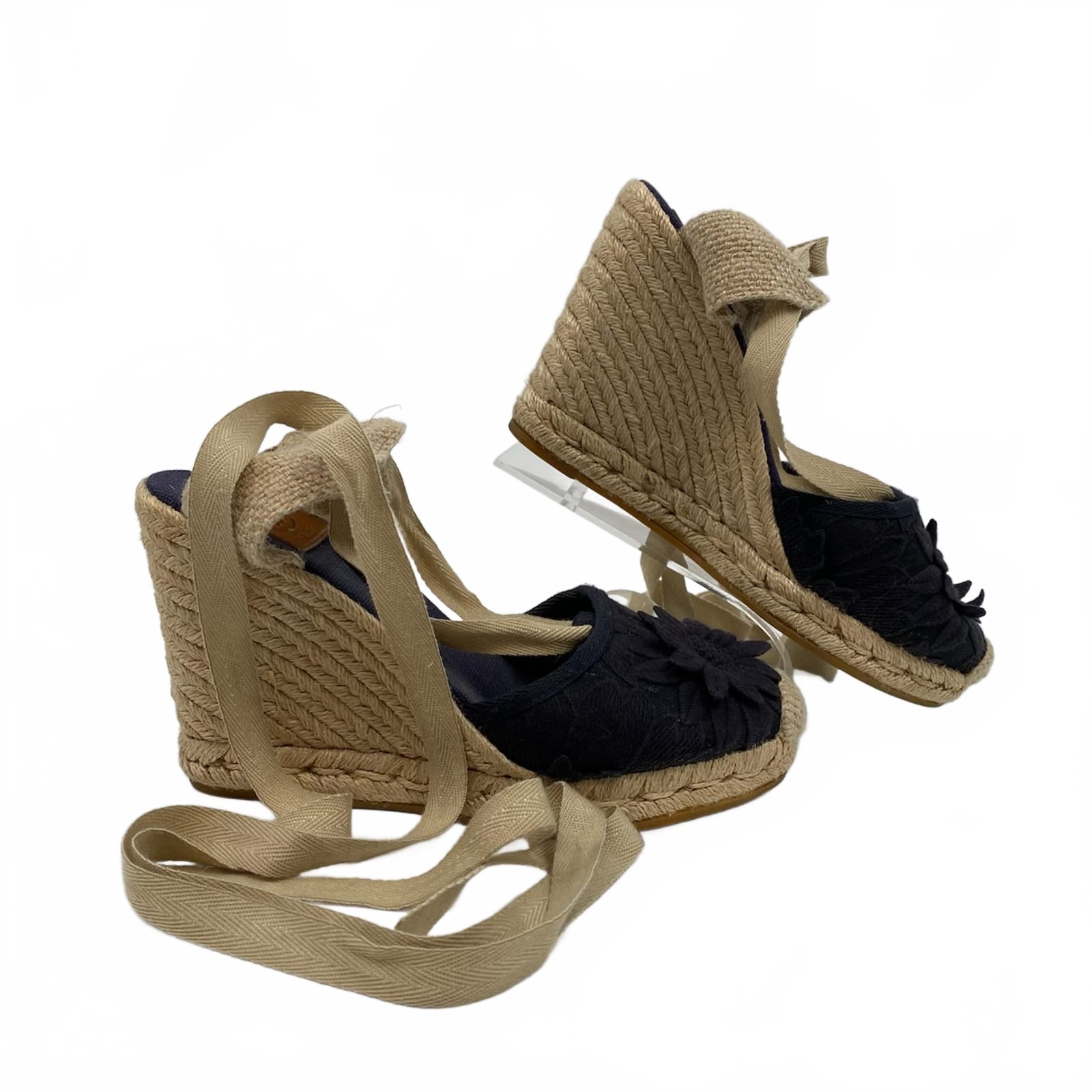 Tory Burch Navy Blue Beige Flower Espadrille Wedges