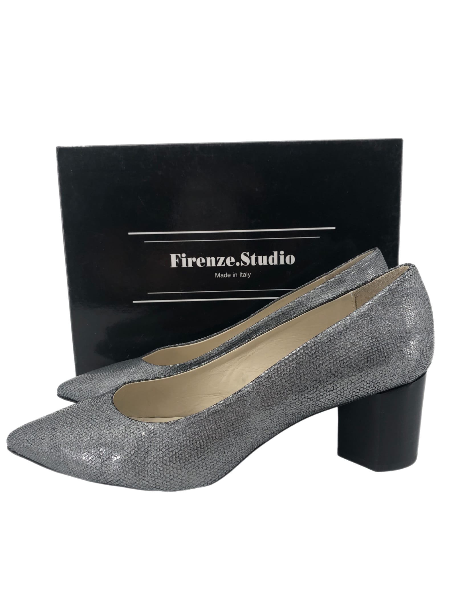 Gray Leather Block Heels