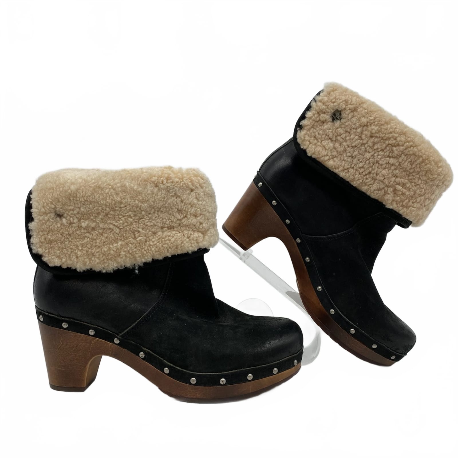UGG Black Leather Shearling Fold Over Heeled Ankle Booties