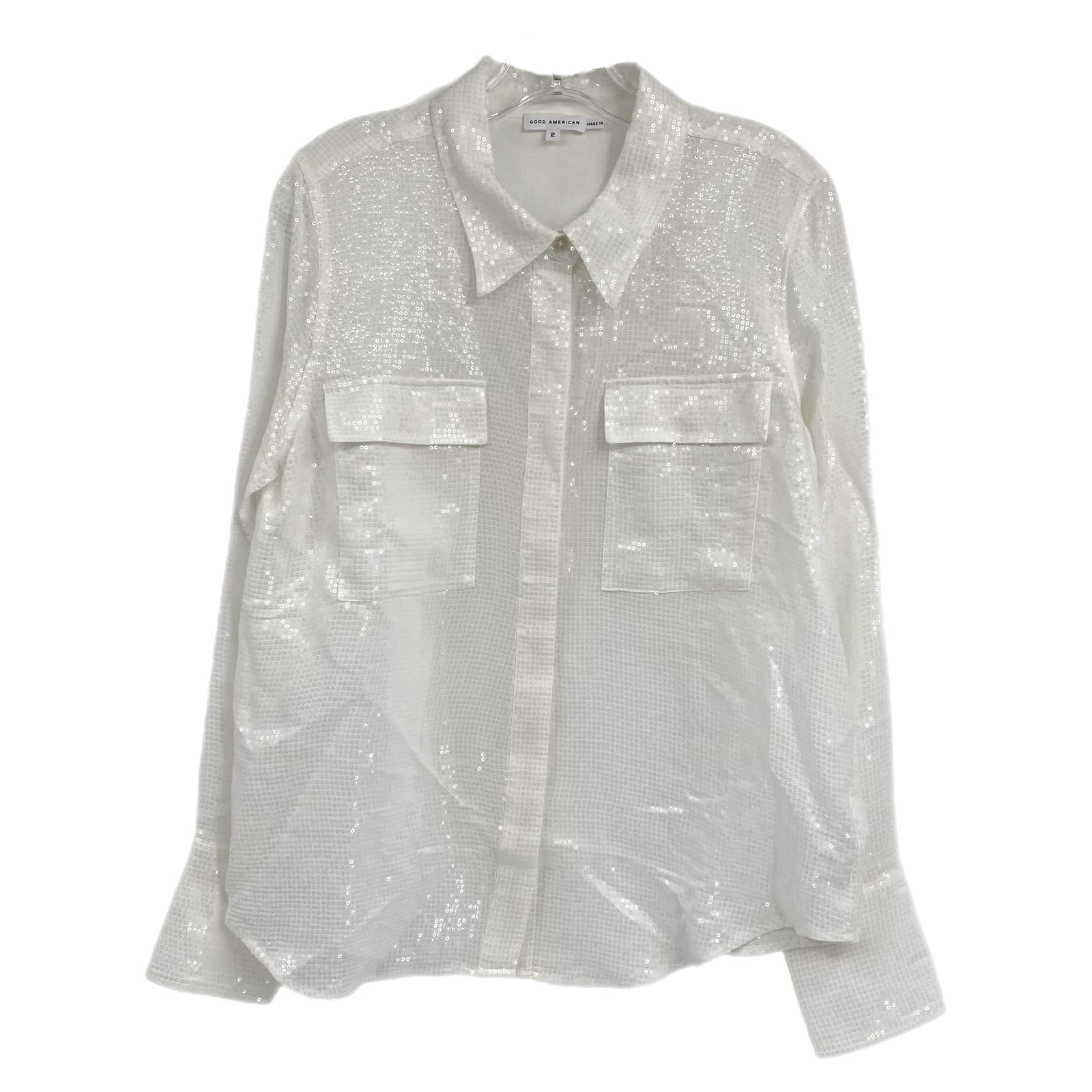Good American White Sequin Button-Up Blouse