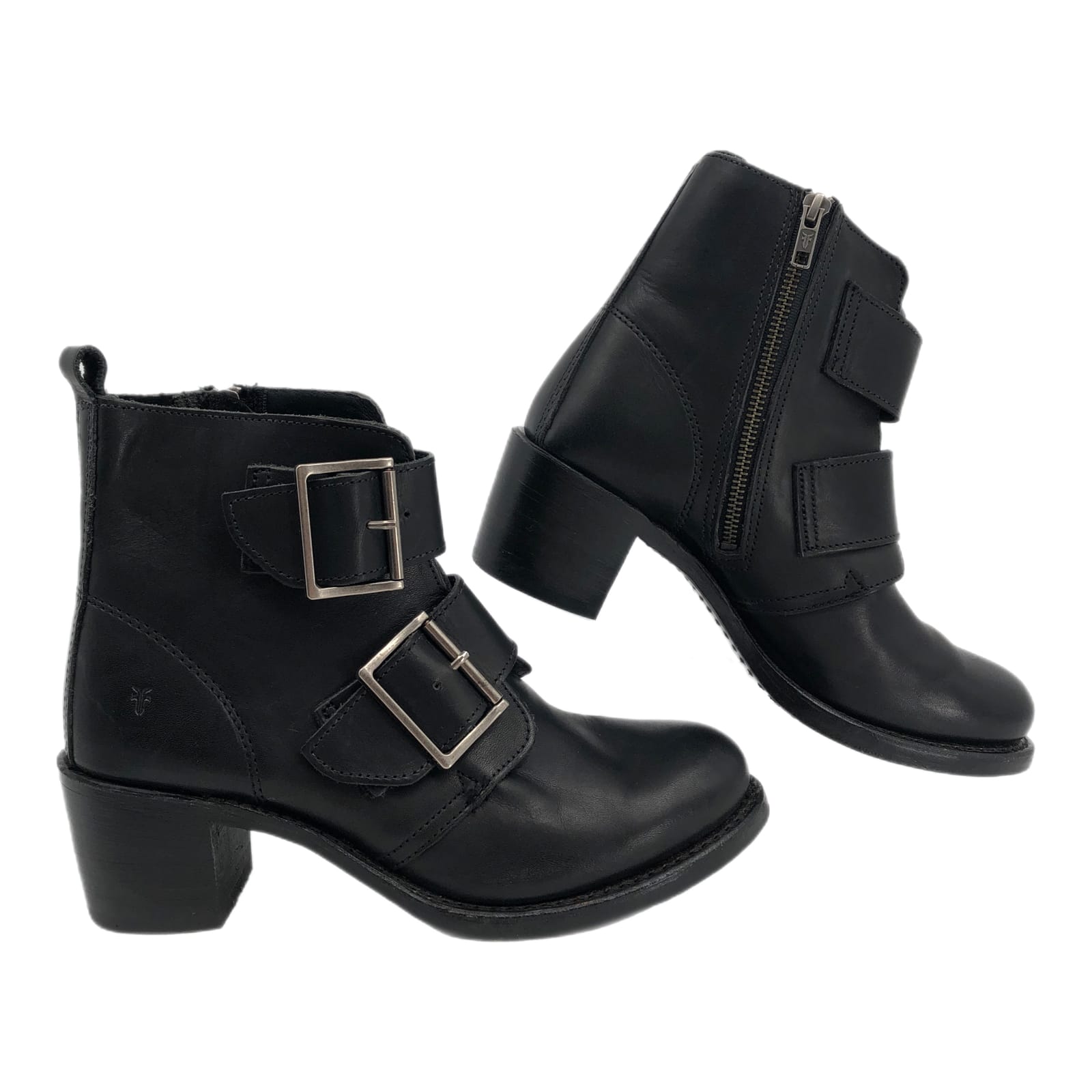 Frye Black Sabrina Double Buckle Heeled Booties