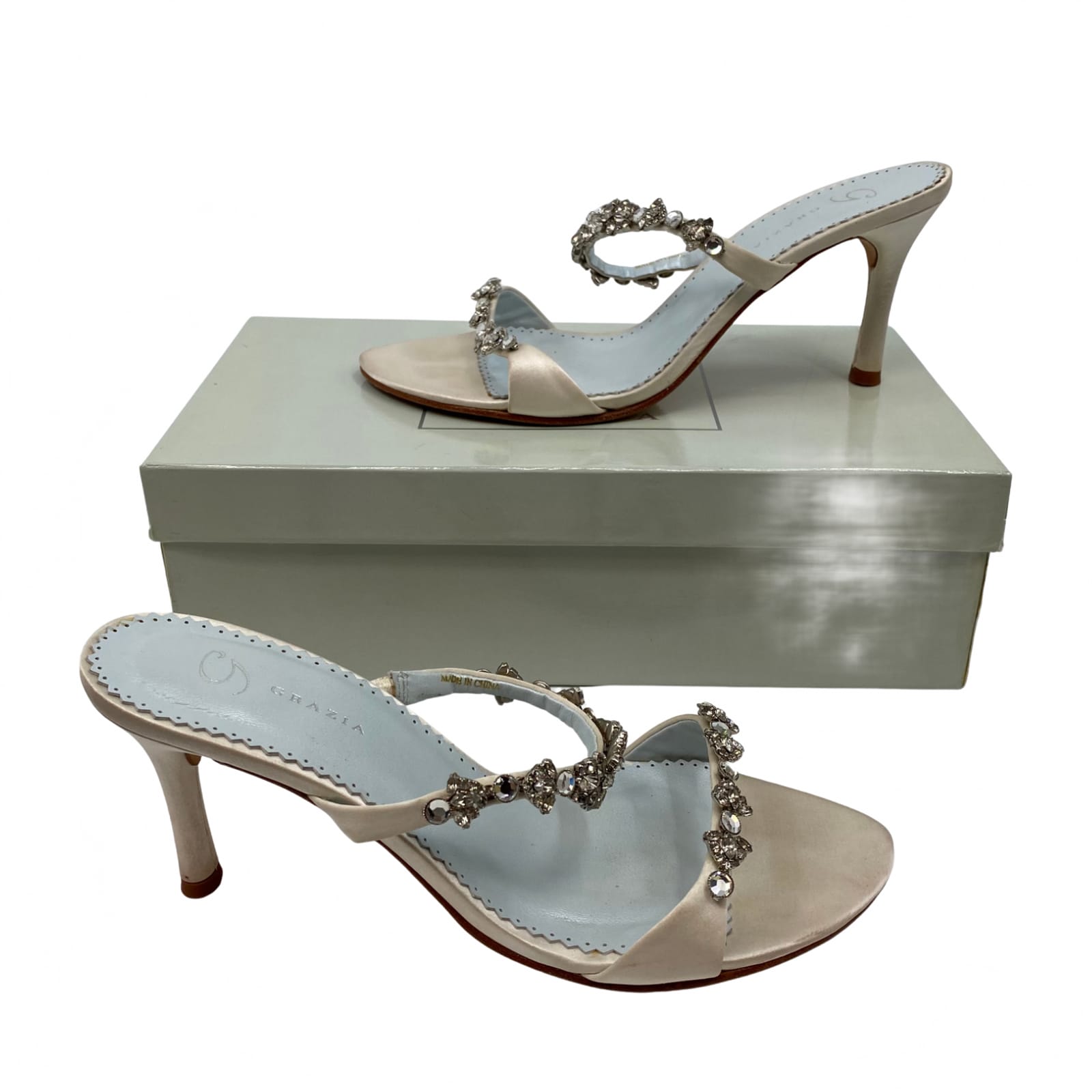 Grazia White Leather Rhinestone Pump Heels