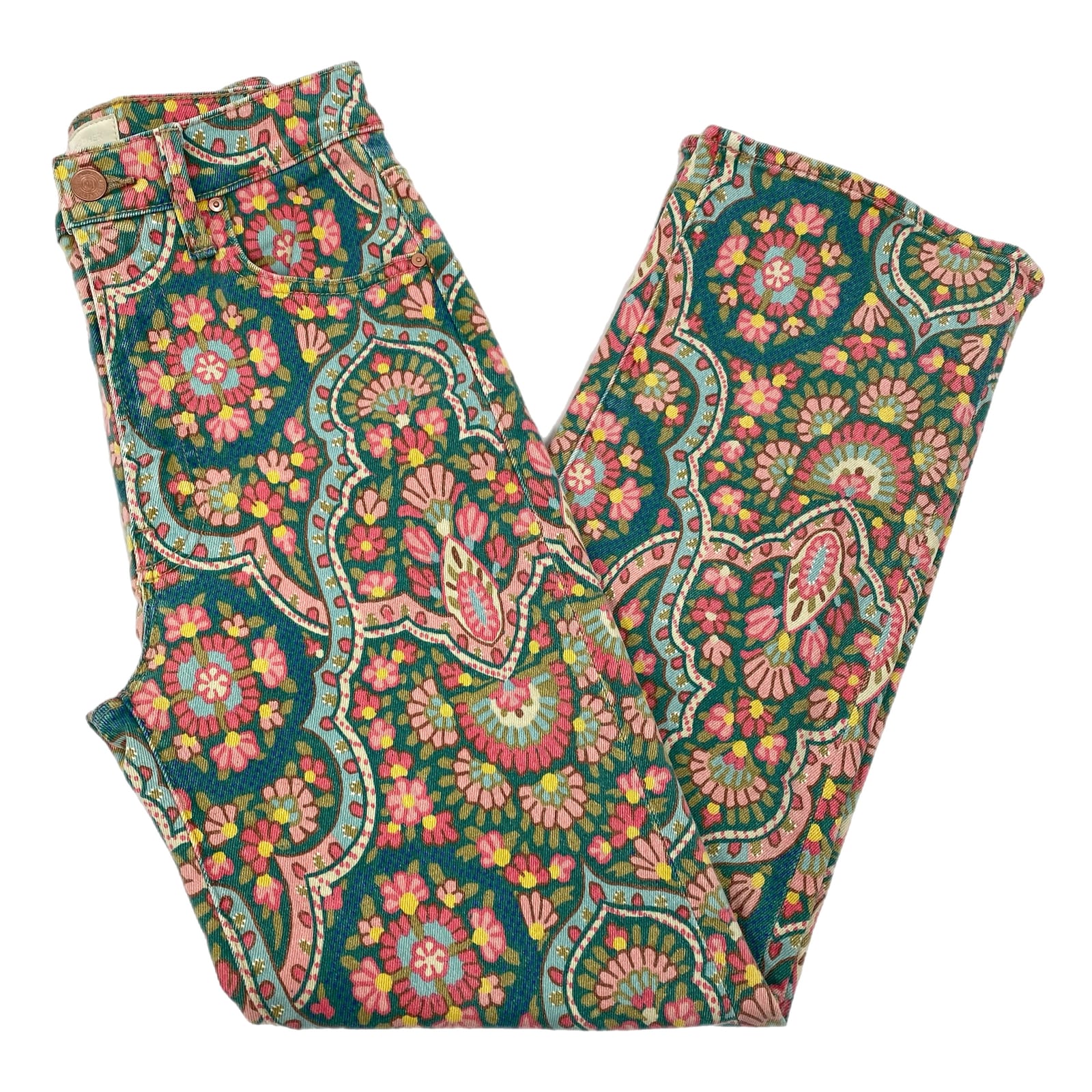 MOTHER Green Pink Floral Print Hi-Rise Straight Jeans