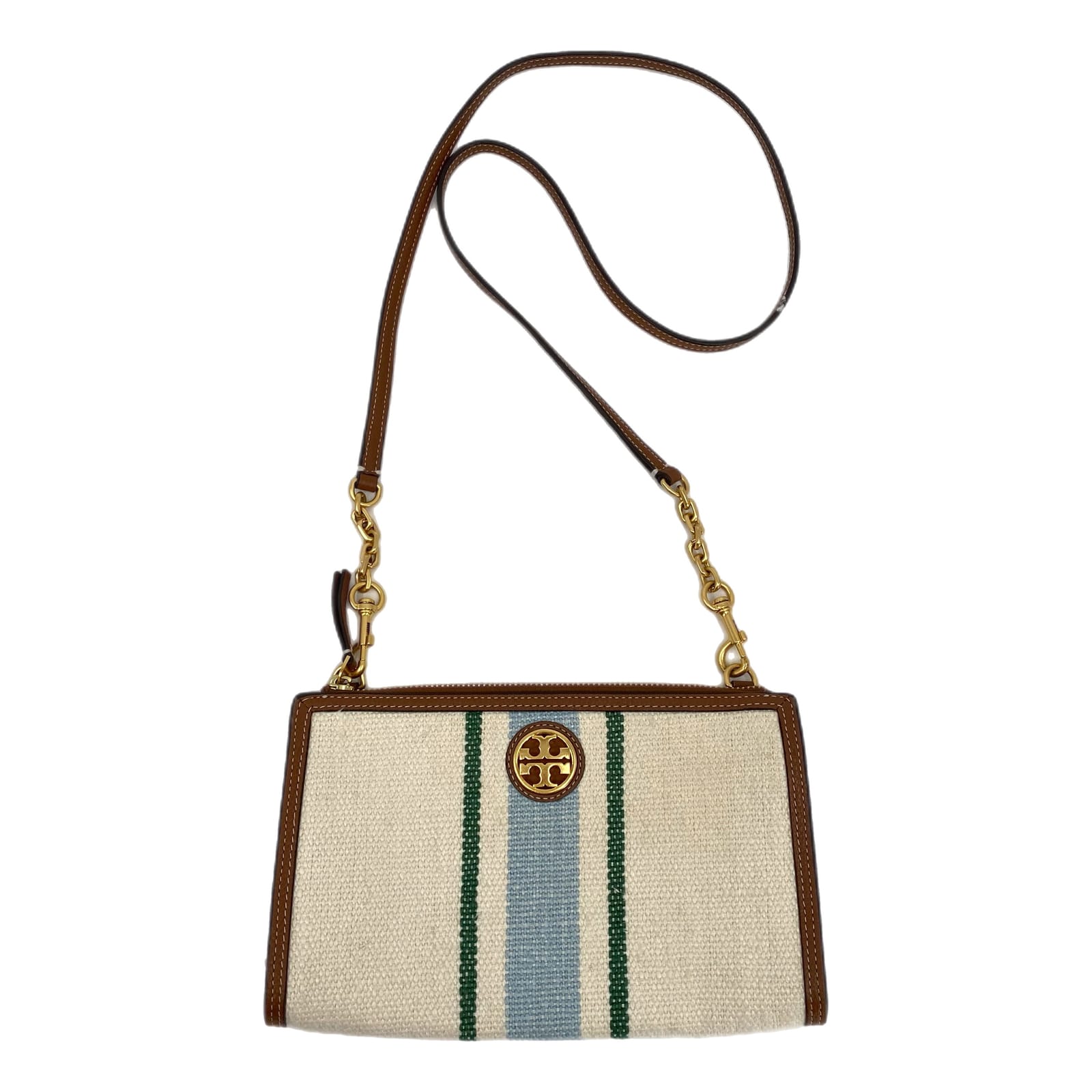 Tory Burch Cream Brown Woven Striped Crossbody Bag