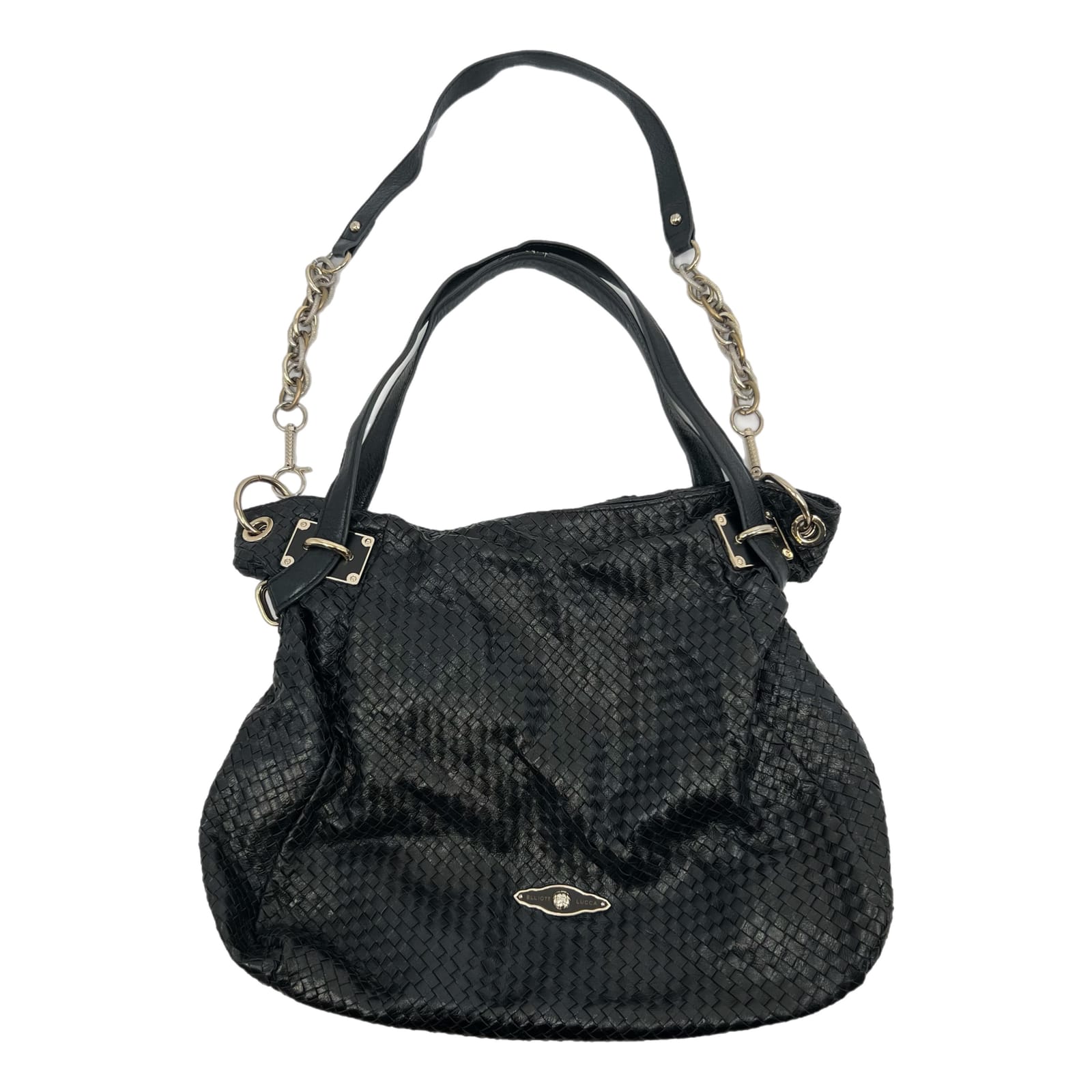 Elliott Lucca Black Woven Leather Chain Strap Hobo Bag